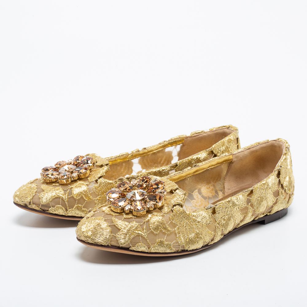 

Dolce & Gabbana Gold Lace Taormina Crystal Embellished Ballet Flats Size