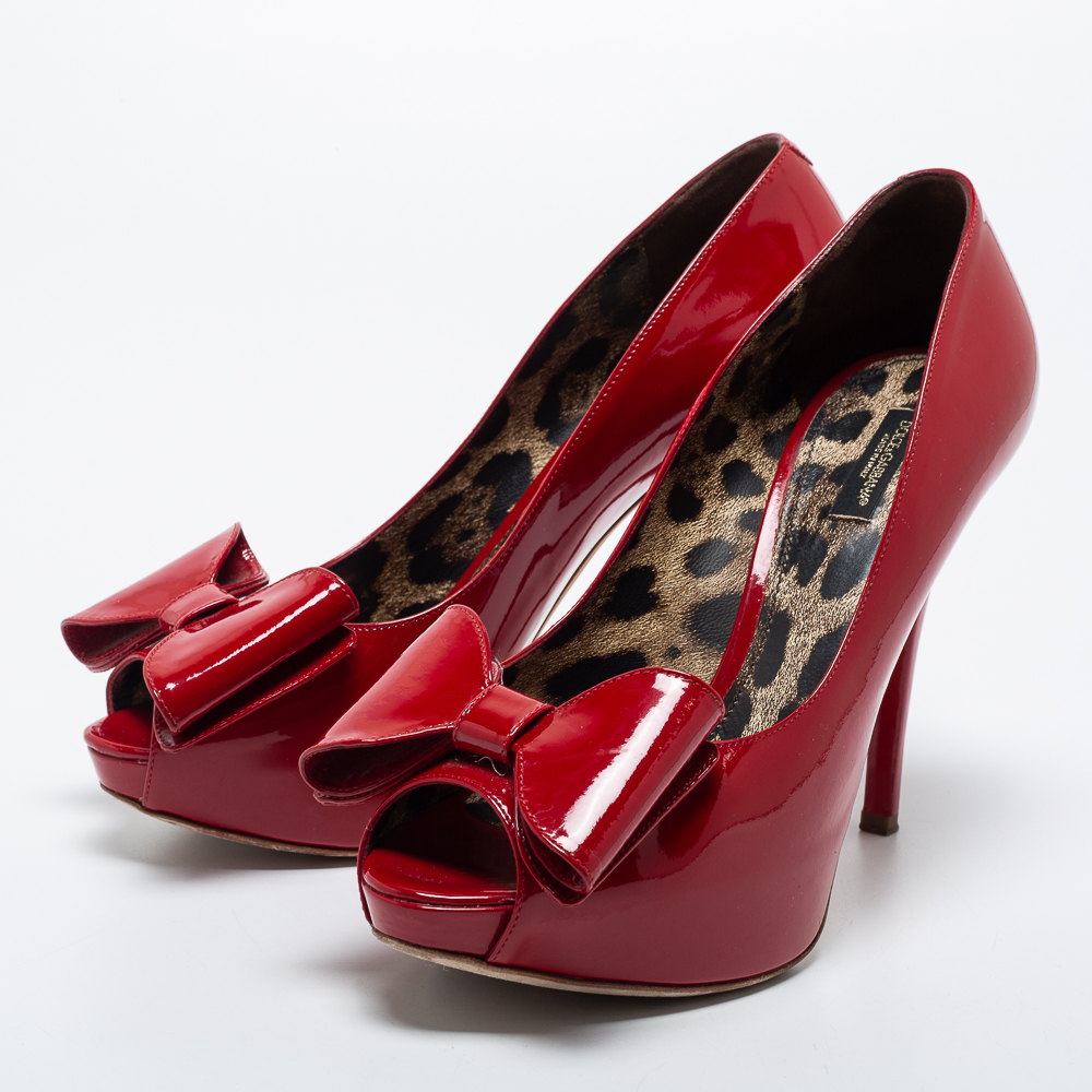 

Dolce & Gabbana Red Patent Leather Bow Peep Toe Pumps Size