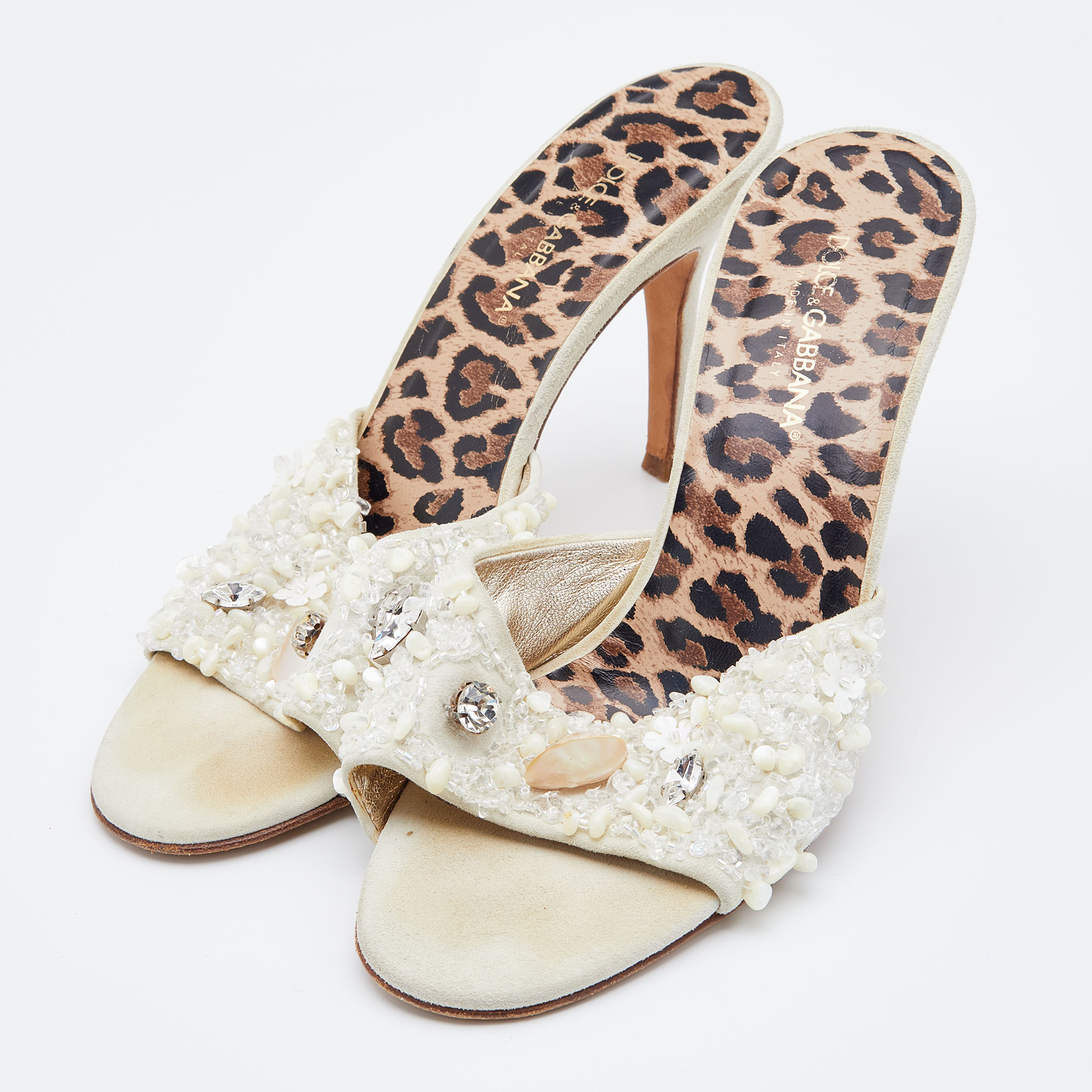 

Dolce & Gabbana White Embellished Suede Slide Sandals Size