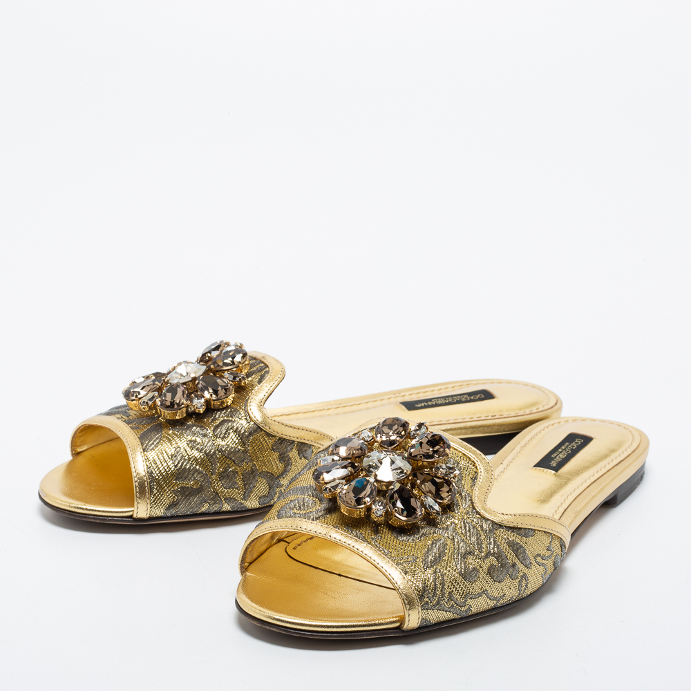 

Dolce & Gabbana Gold Leather and Glitter Fabric Bianca Sandals Size
