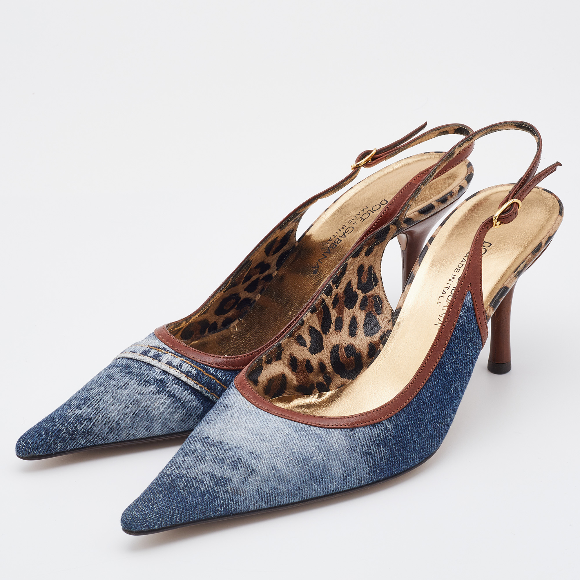 

Dolce & Gabbana Blue/Brown Denim and Leather Pointed Toe Slingback Pumps Size