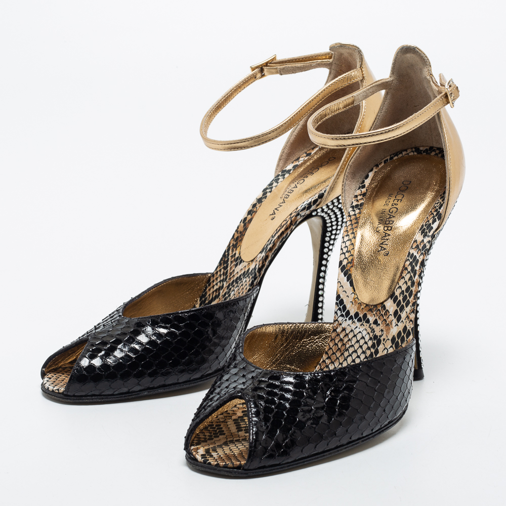 

Dolce & Gabbana Black/Gold Python and Leather Crystal Embellished Heel Ankle Strap Sandals Size