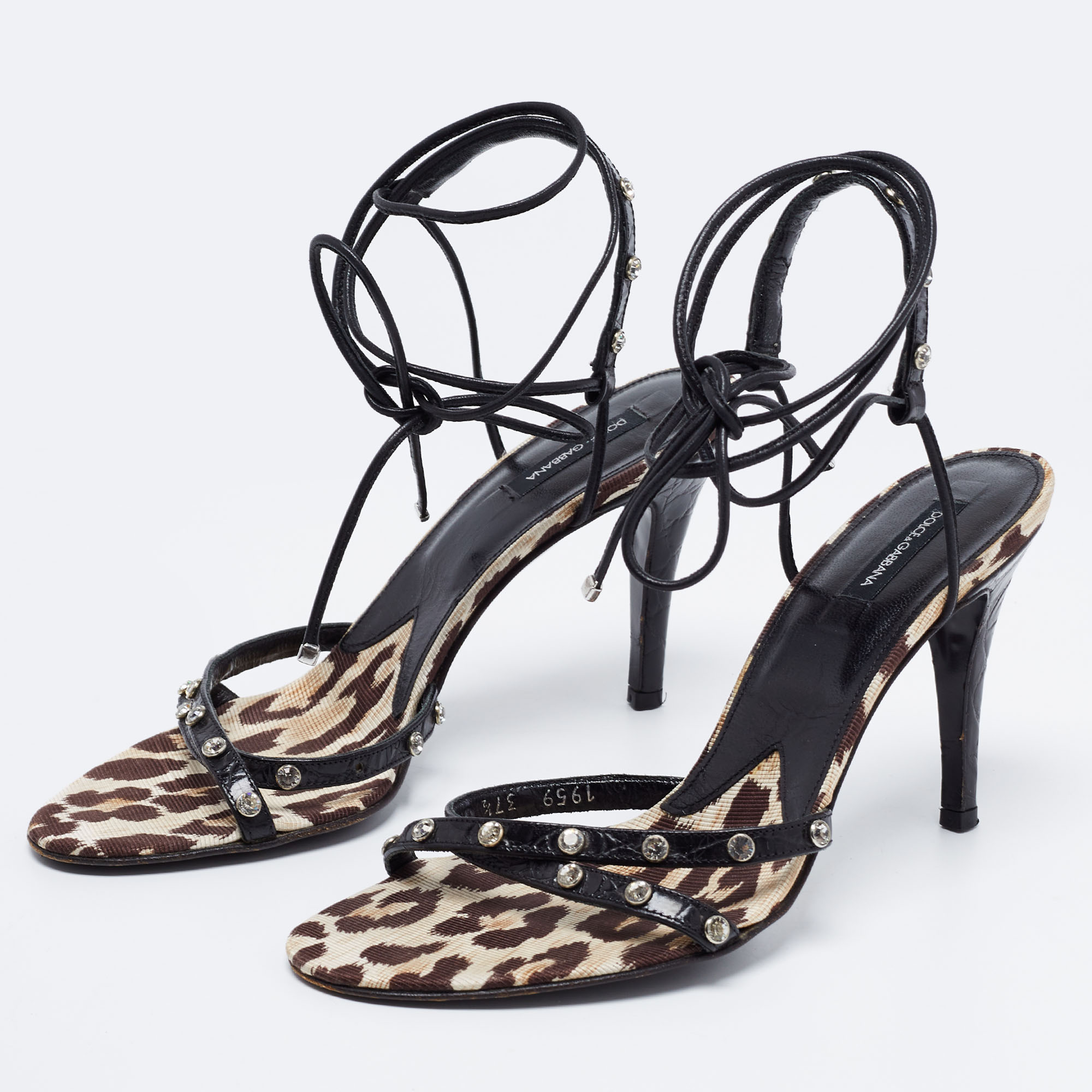 

Dolce & Gabbana Black/Brown Leopard Printed Canvas Ankle Wrap Sandals Size