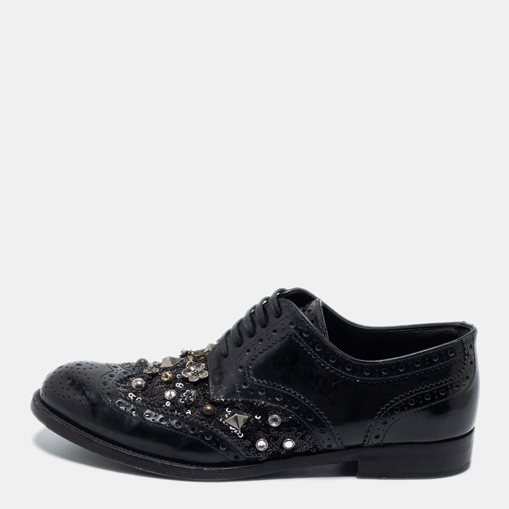 Pre-owned Dolce & Gabbana Black Brogue Leather Studded Embellished Lace Oxfords Size 36.5