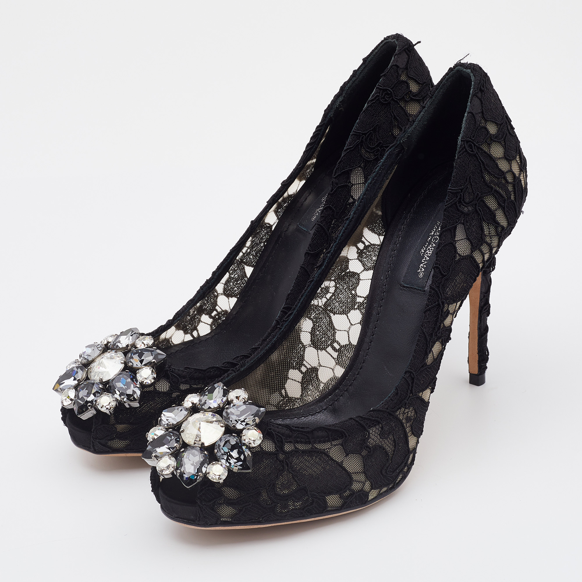 

Dolce & Gabbana Black Lace Bellucci Embellished Peep Toe Pumps Size