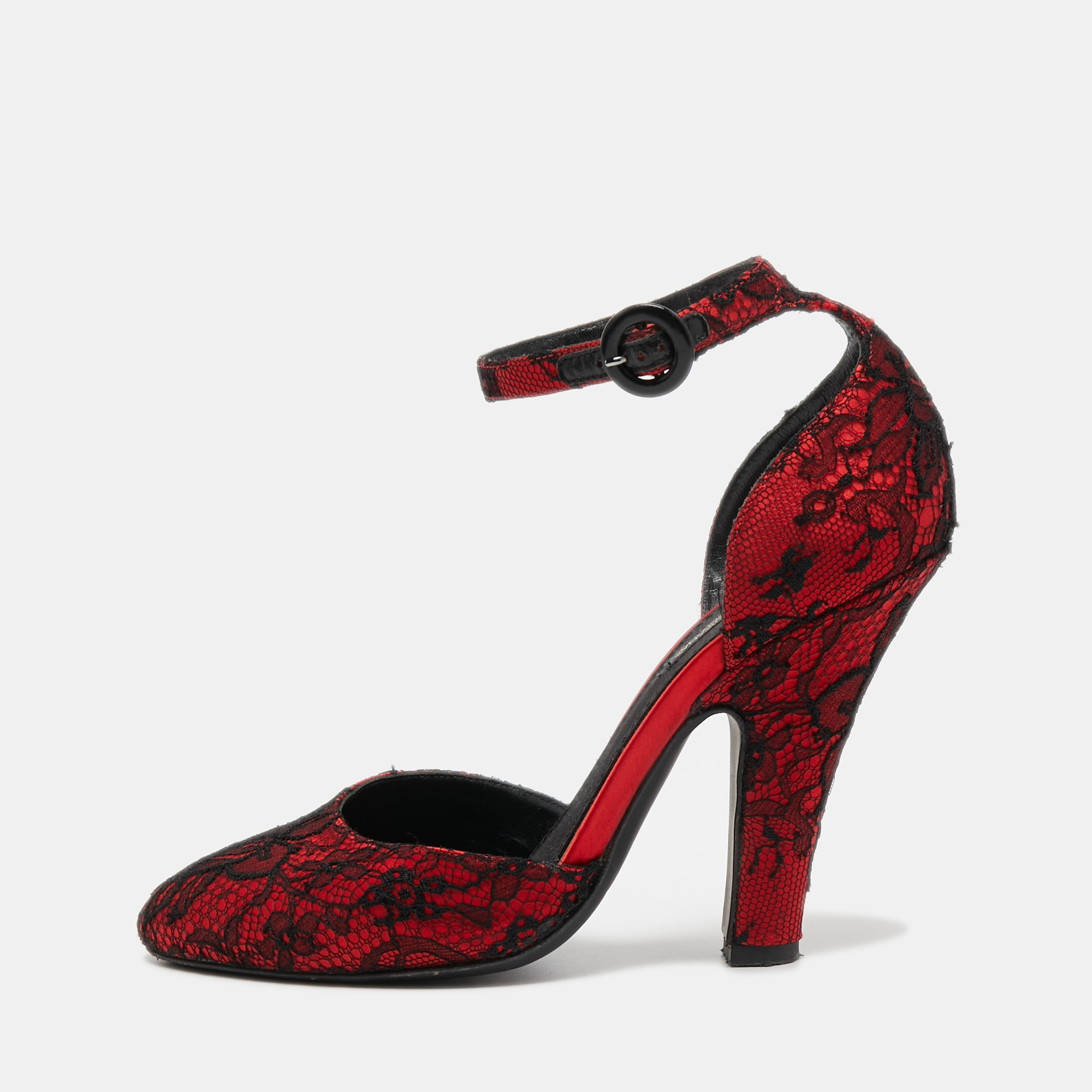 

Dolce & Gabbana Black/Red Lace and Satin Ankle-Strap Pumps Size