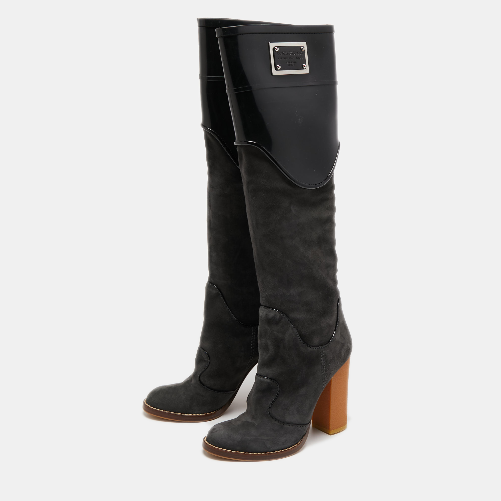 

Dolce & Gabbana Black/Grey Rubber and Suede Knee Length Boots Size