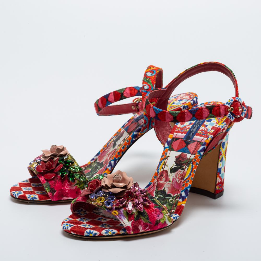 

Dolce & Gabbana Multicolor Printed Fabric Crystal Embellished Ankle Strap Sandals Size