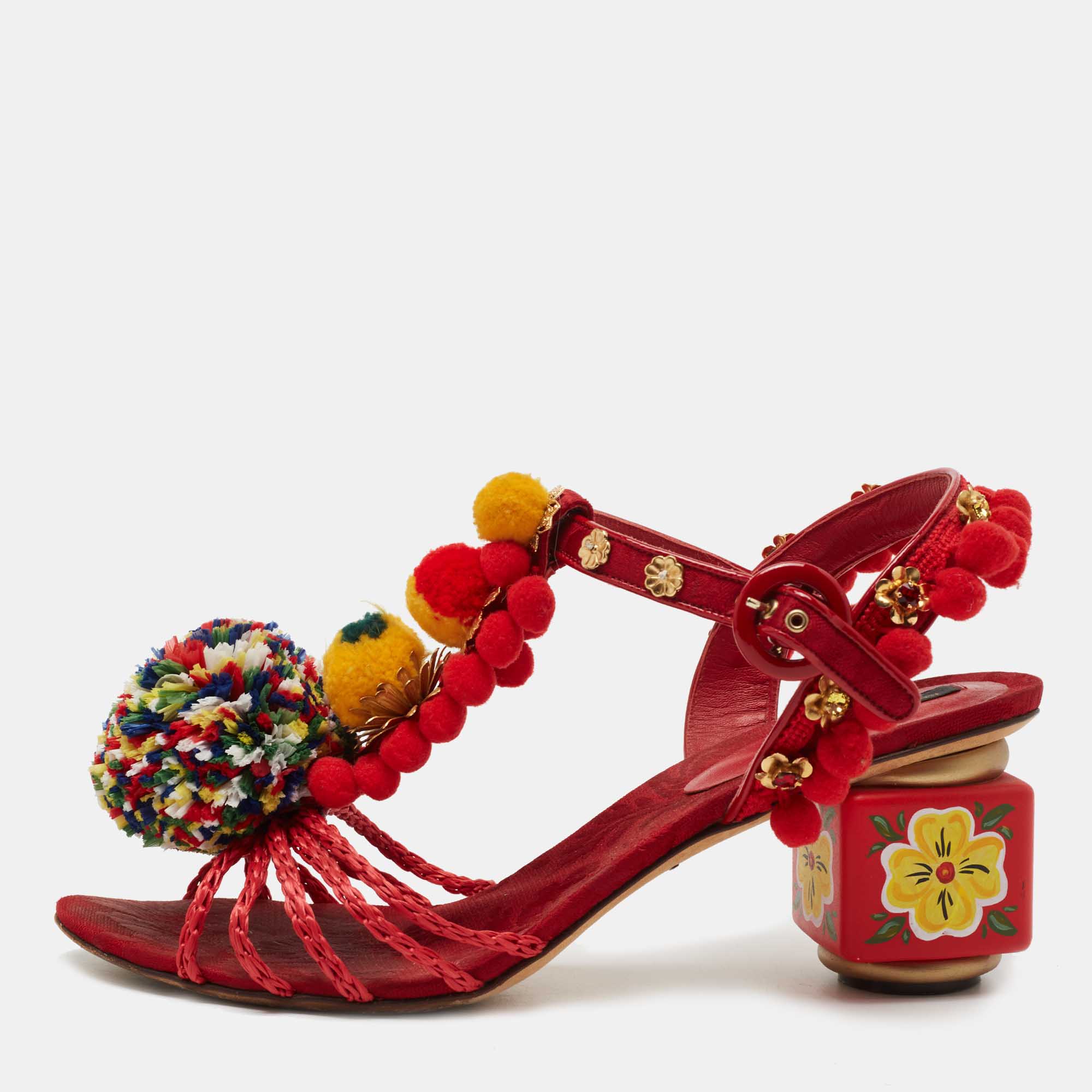 Pre-owned Dolce & Gabbana Multicolor Leather And Fabric Pom Pom Embellished T-strap Sandals Size 39