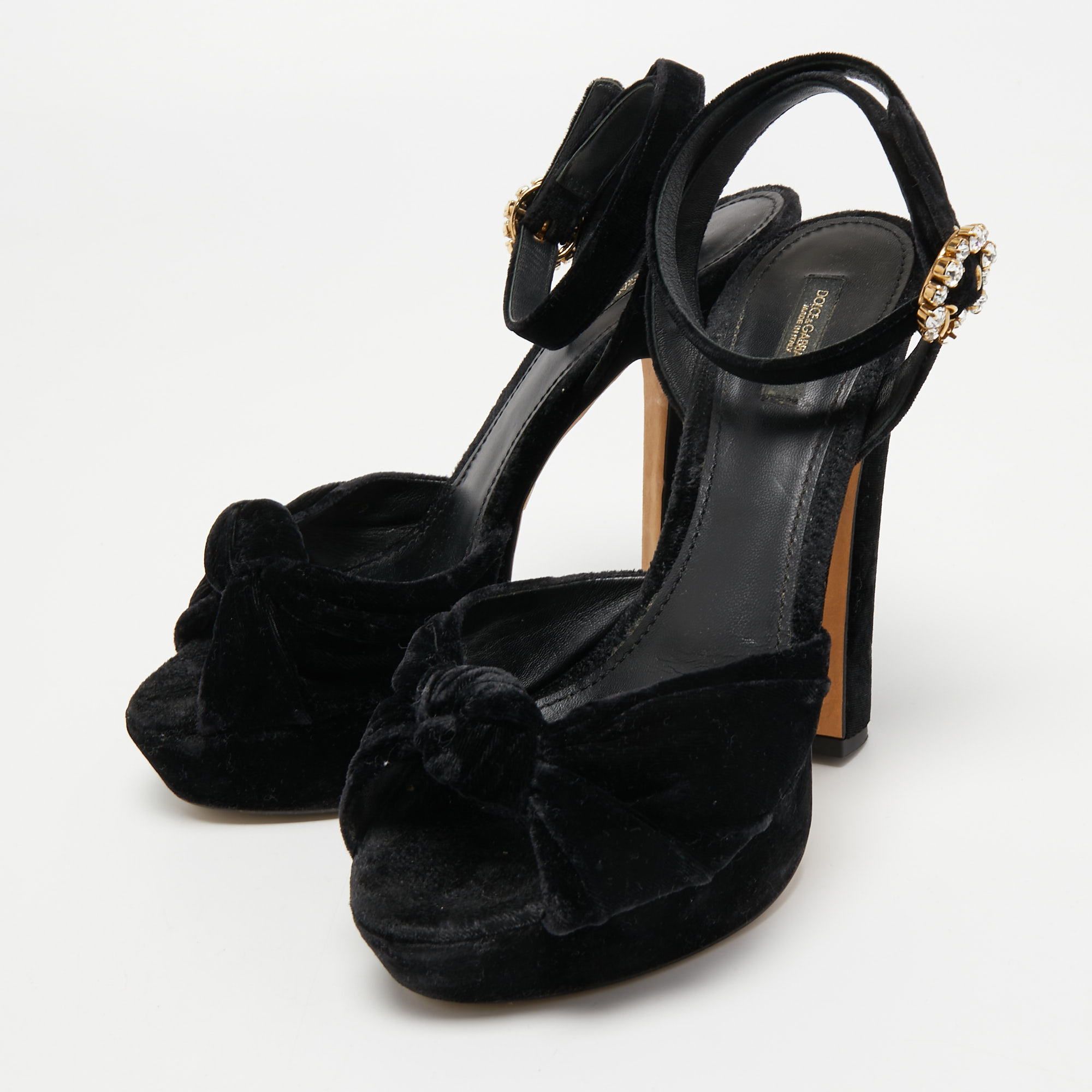 

Dolce & Gabbana Black Knotted Velvet Platform Ankle Strap Sandals Size