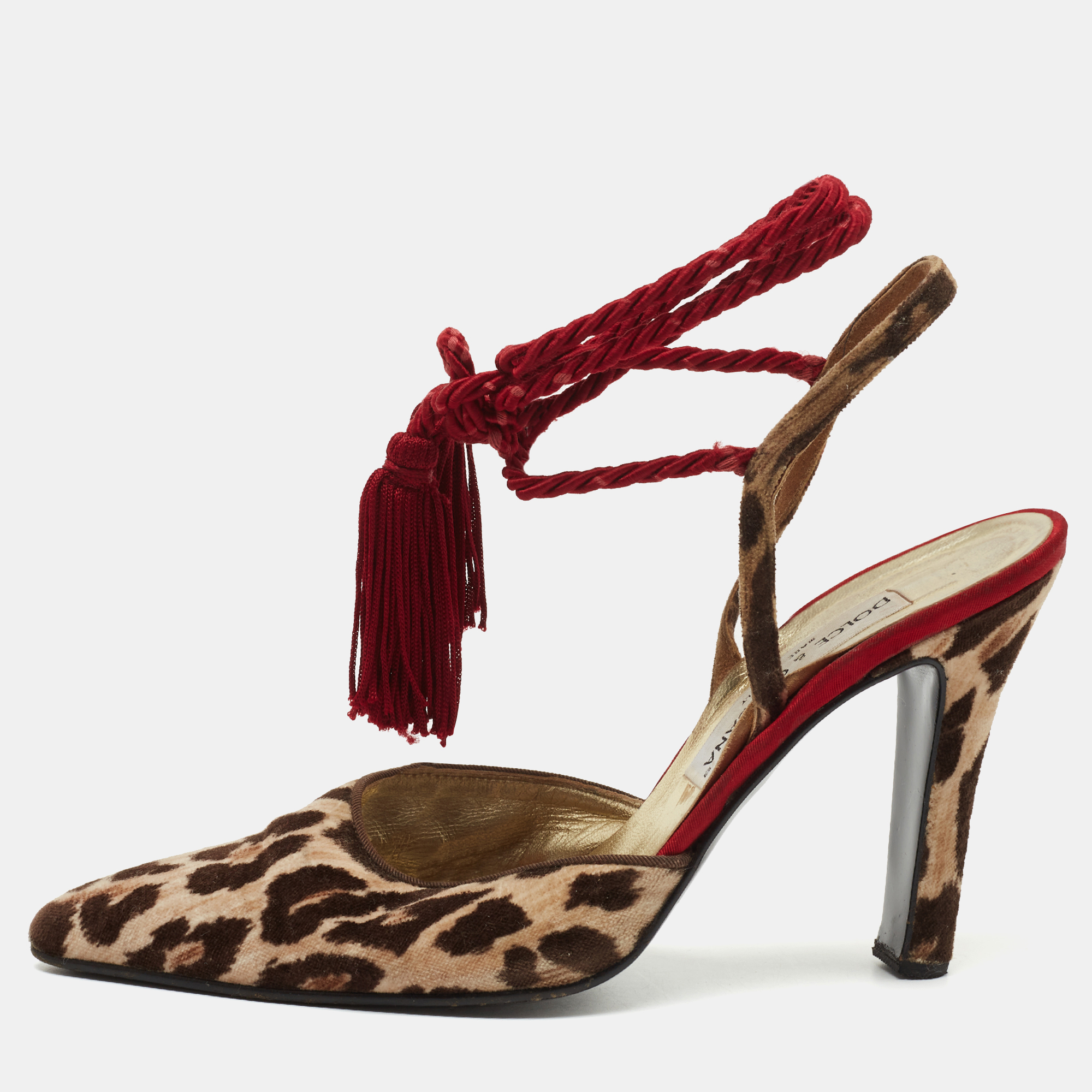 

Dolce & Gabbana Brown/Beige Leopard Print Velvet Ankle Wrap Pumps Size