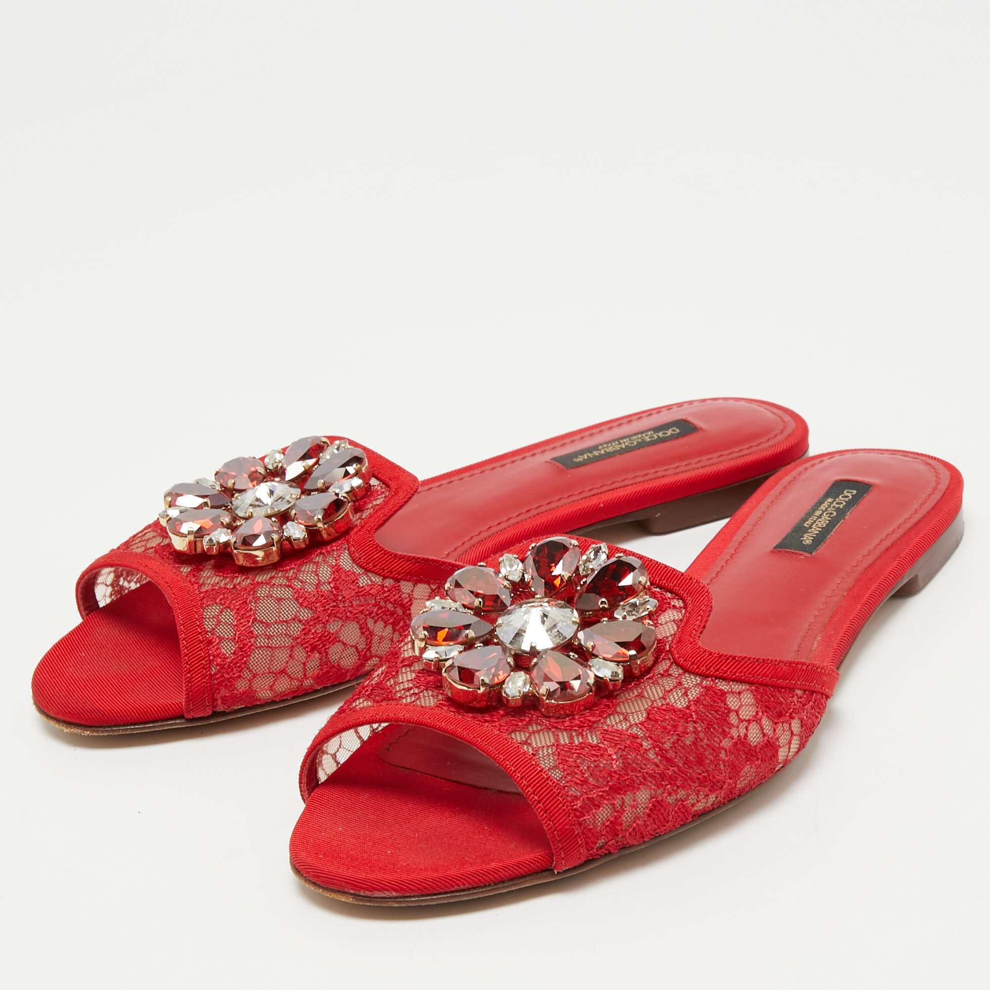

Dolce & Gabbana Red Lace Crystal Embellished Bianca Flat Slides Size