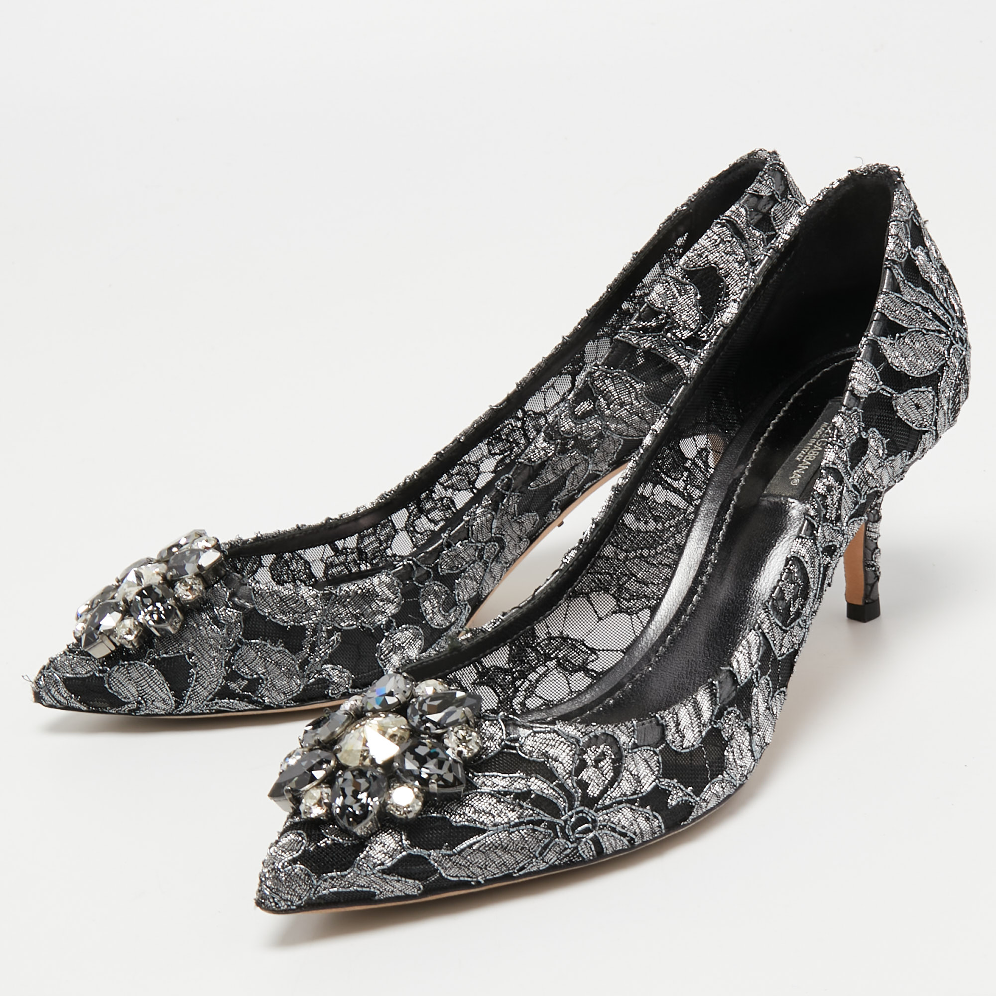 

Dolce & Gabbana Metallic Grey/Black Lace Bellucci Pumps Size