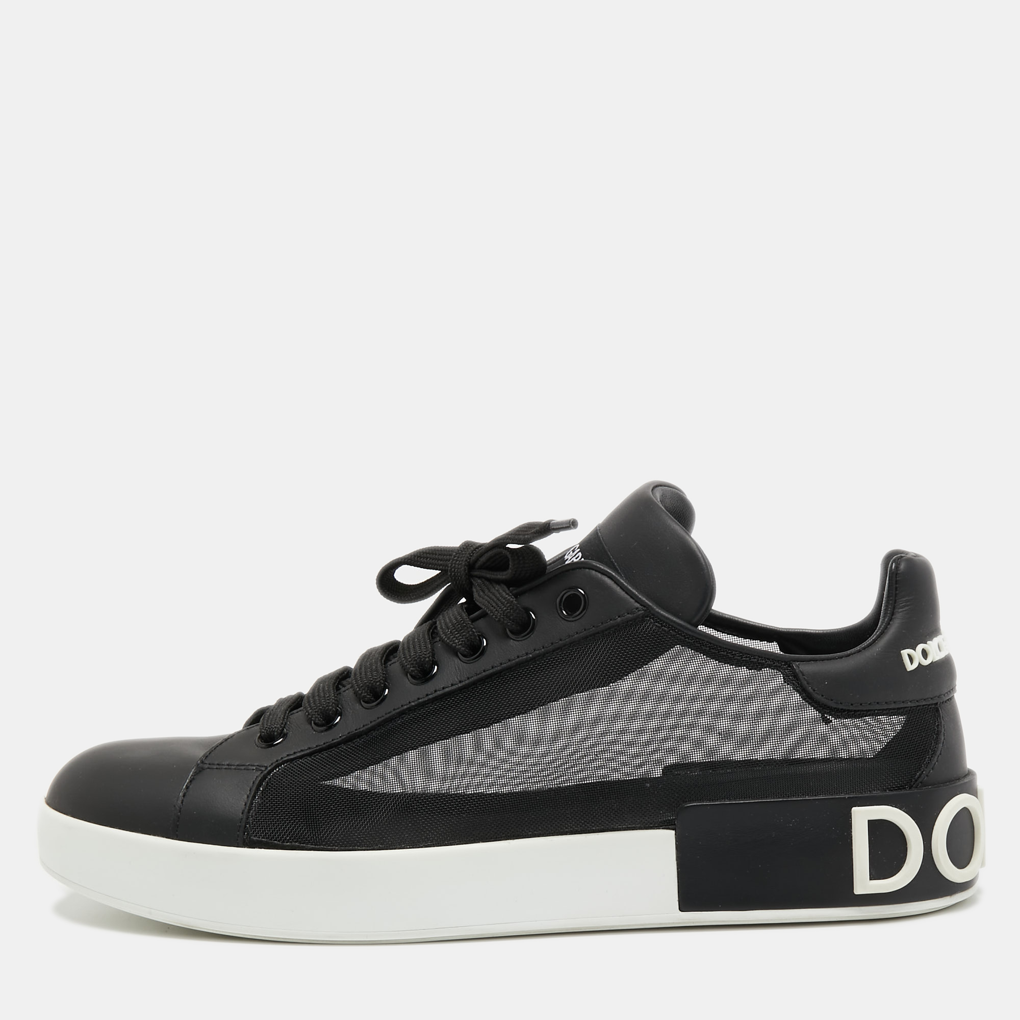 Pre Owned Dolce & Gabbana Black Mesh and Leather Portofino Sneakers Size 40