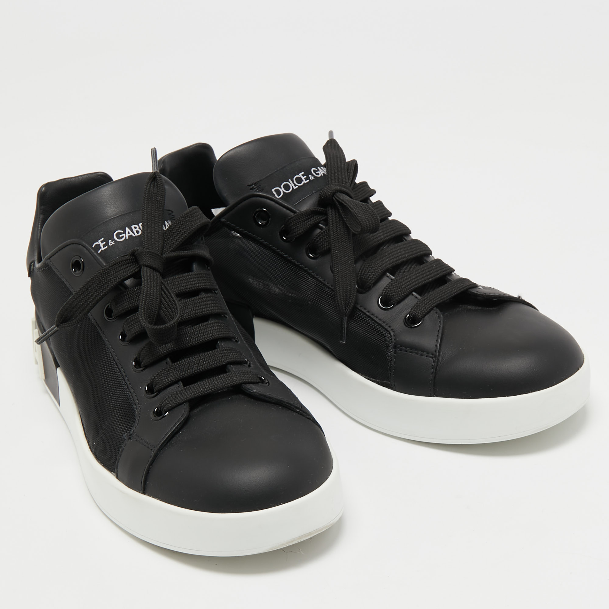 Pre Owned Dolce & Gabbana Black Mesh and Leather Portofino Sneakers Size 40