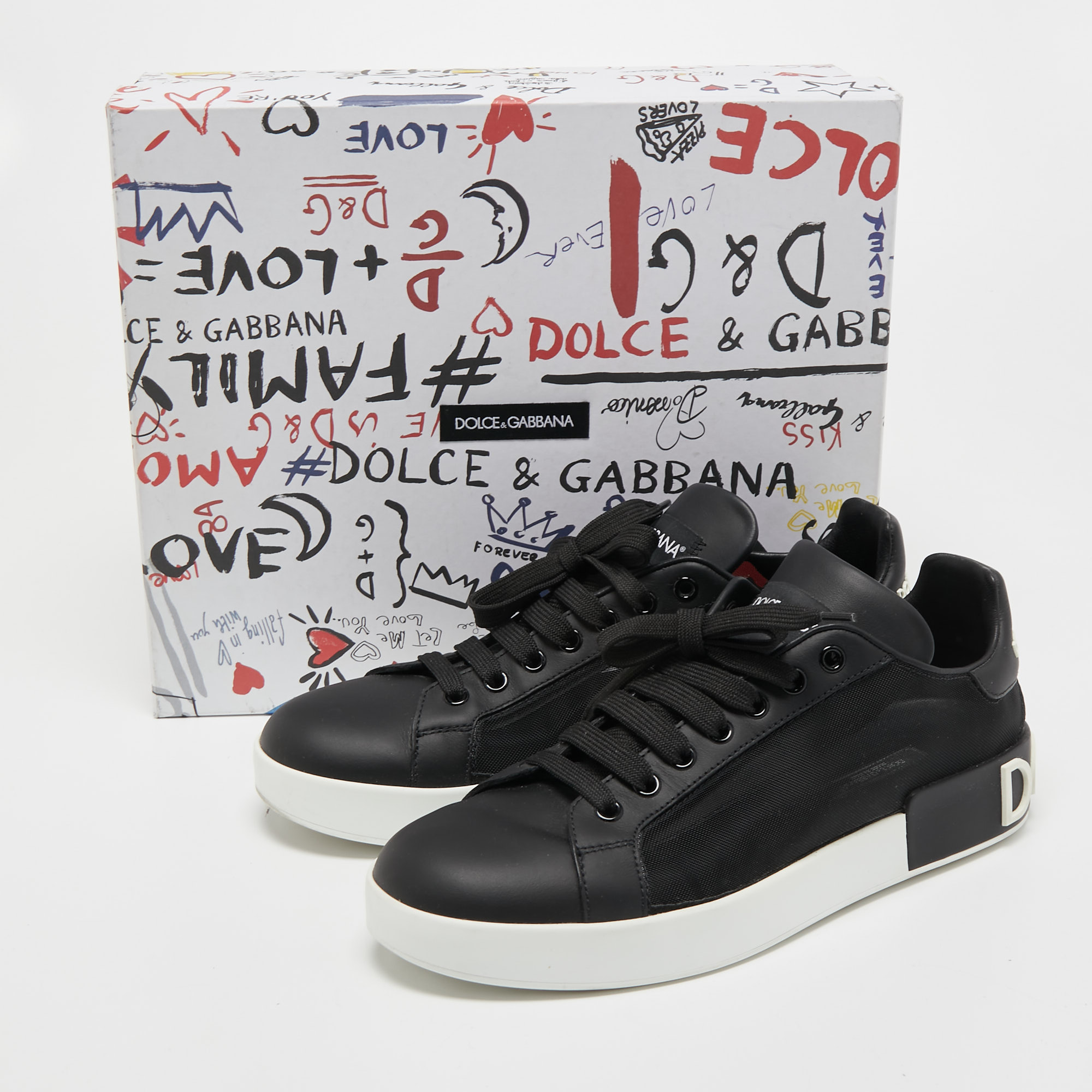 Pre Owned Dolce & Gabbana Black Mesh and Leather Portofino Sneakers Size 40