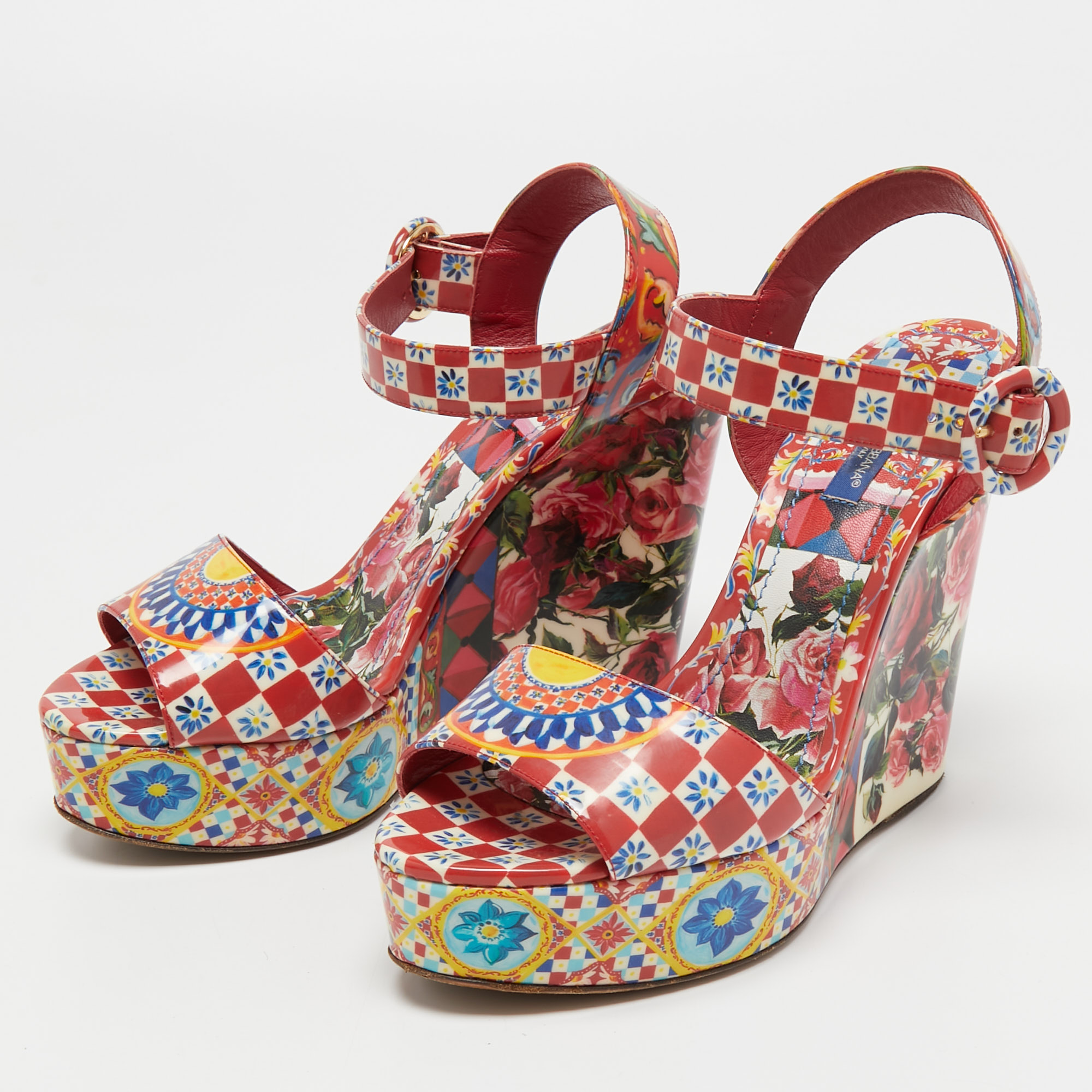 

Dolce & Gabbana Multicolor Printed Leather Wedge Platform Ankle Strap Sandals Size