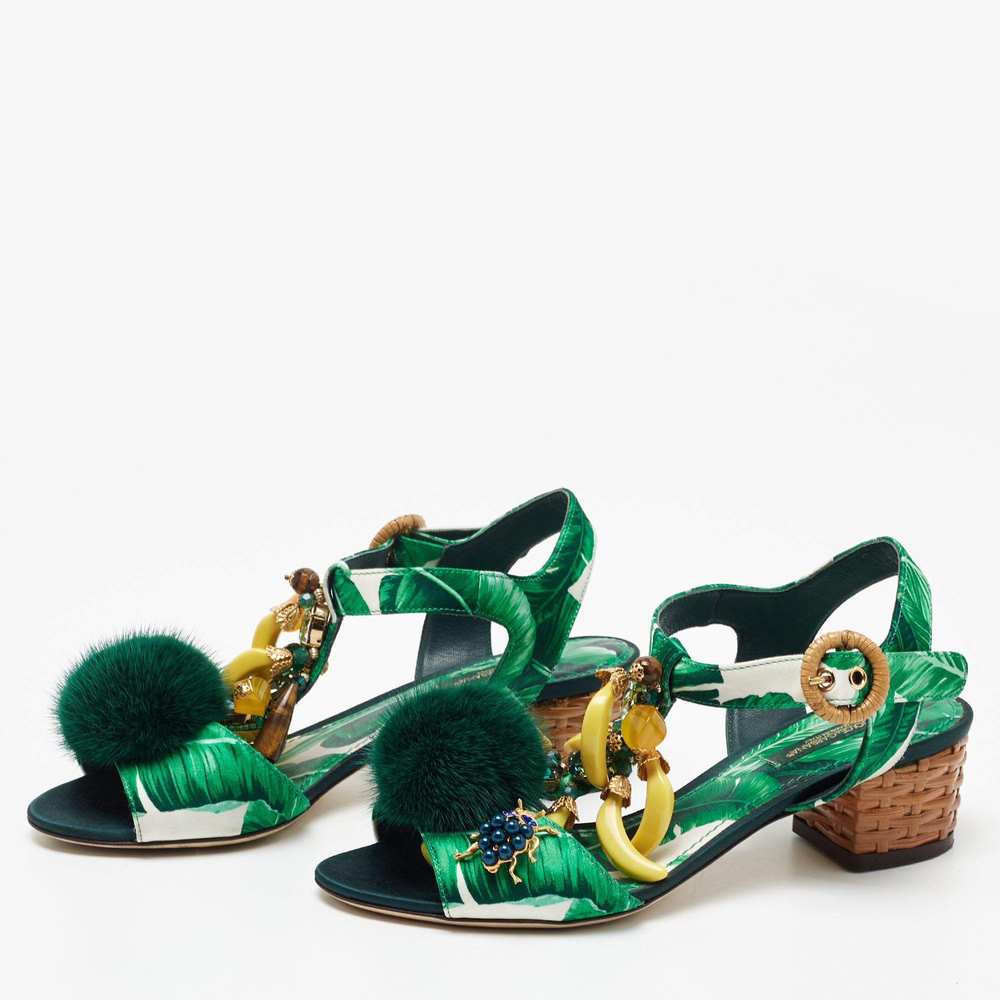 

Dolce & Gabbana Green Printed Satin Banana Embellished T-Strap Sandals Size