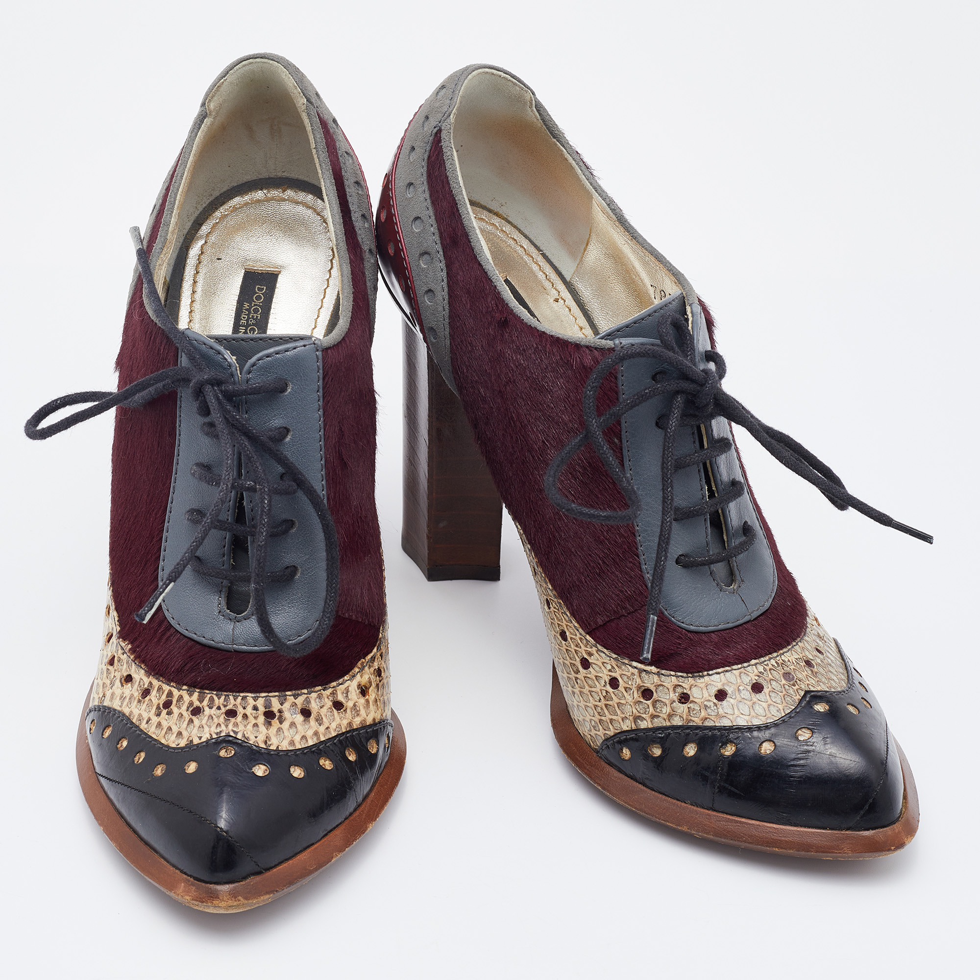 Dolce & Gabbana Multicolor Snakeskin and Calf Hair Lace Up Booties Size 38.5 