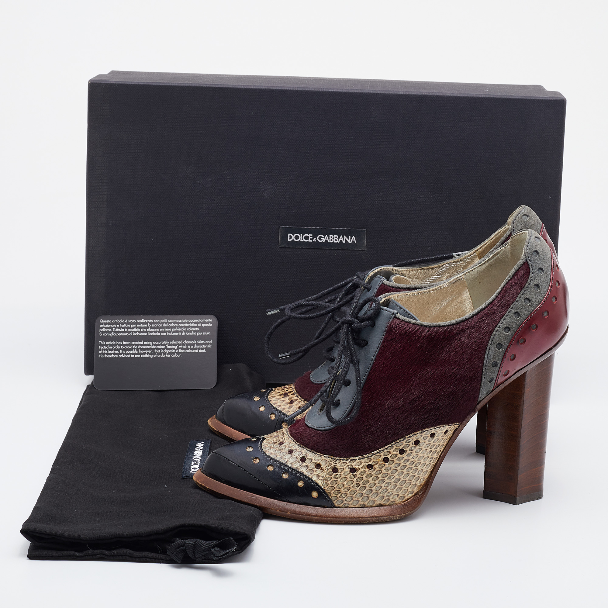 Dolce & Gabbana Multicolor Snakeskin and Calf Hair Lace Up Booties Size 38.5 