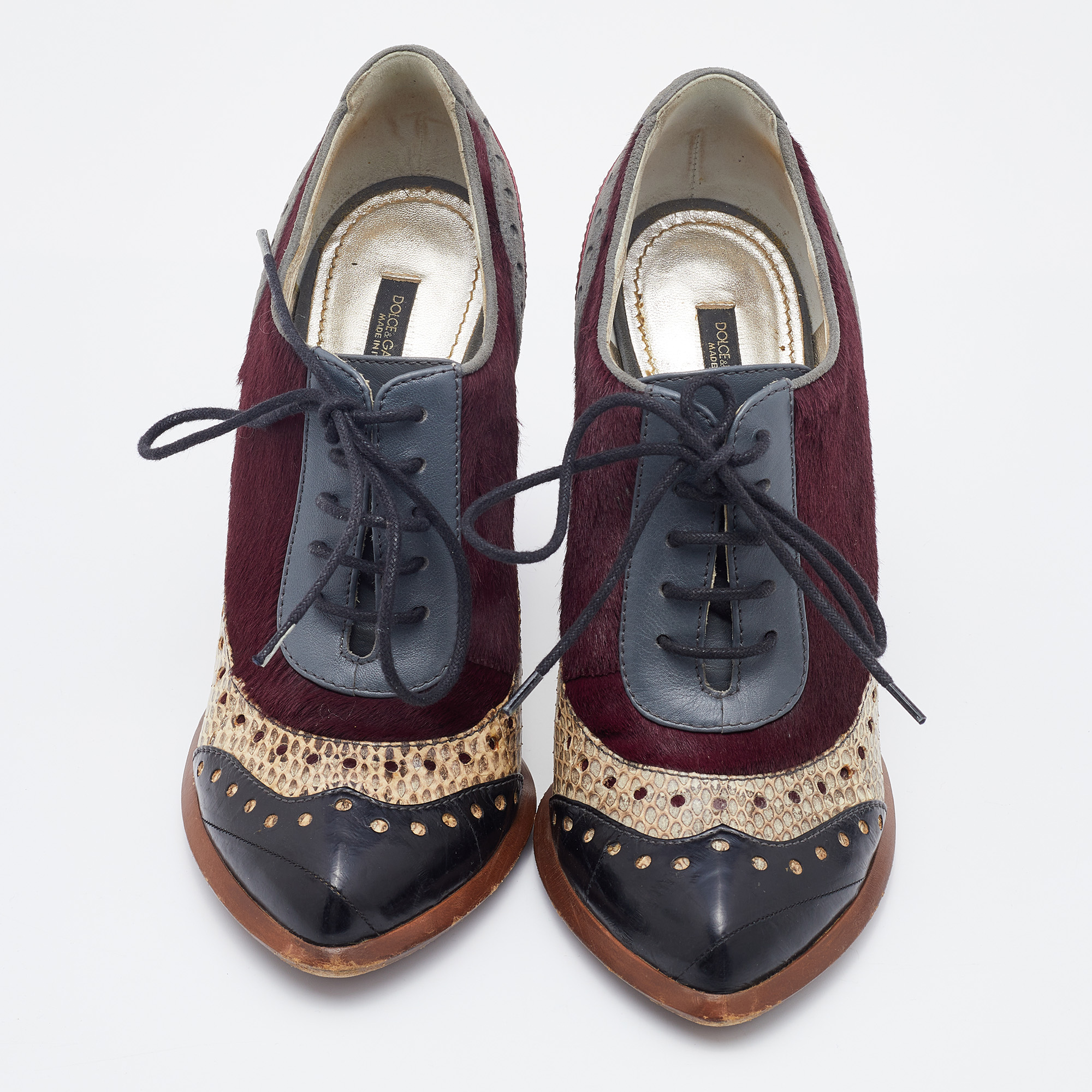 Dolce & Gabbana Multicolor Snakeskin and Calf Hair Lace Up Booties Size 38.5 
