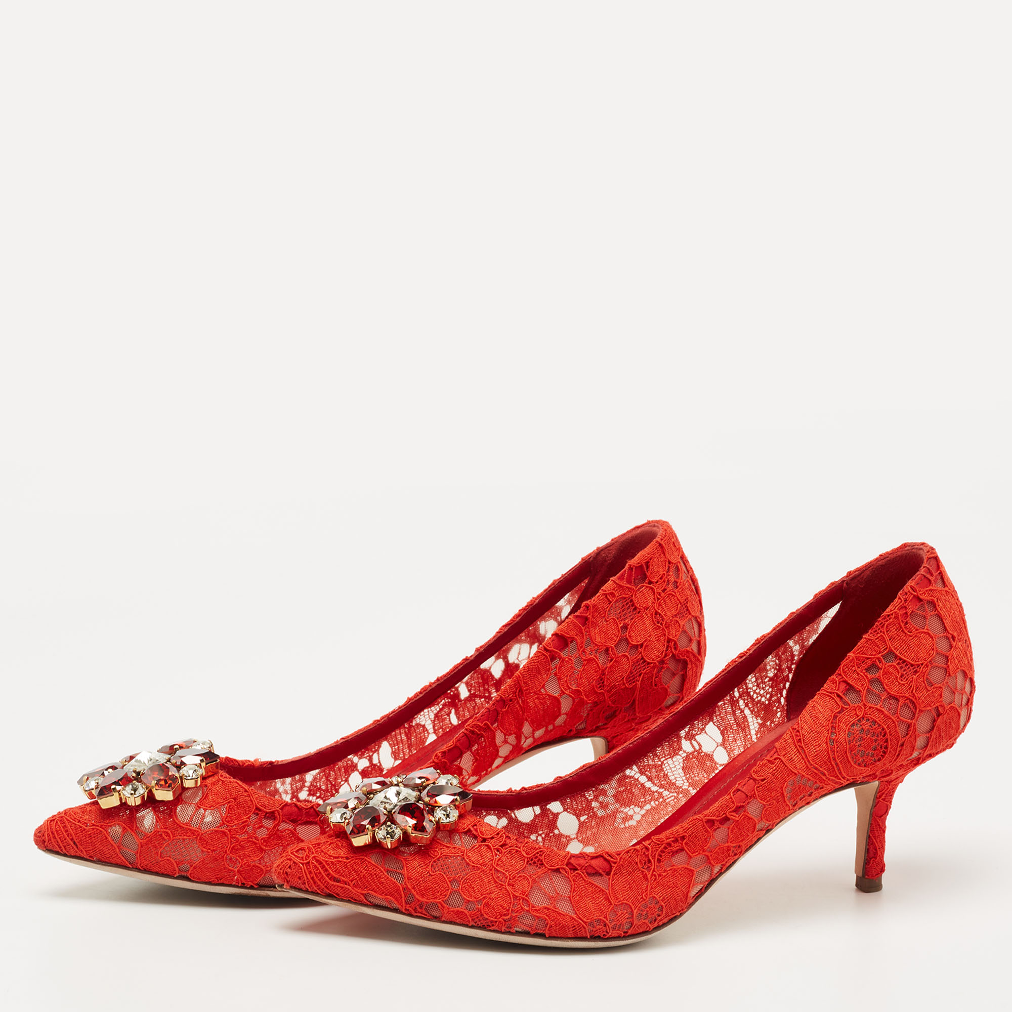 

Dolce & Gabbana Red Lace Bellucci Crystal Embellished Pumps Size