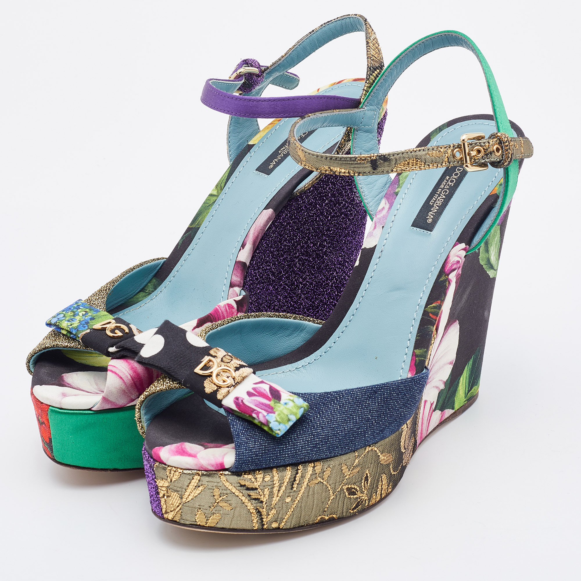 

Dolce & Gabbana Multicolor Patchwork Fabric Platform Wedge Ankle Strap Sandals Size