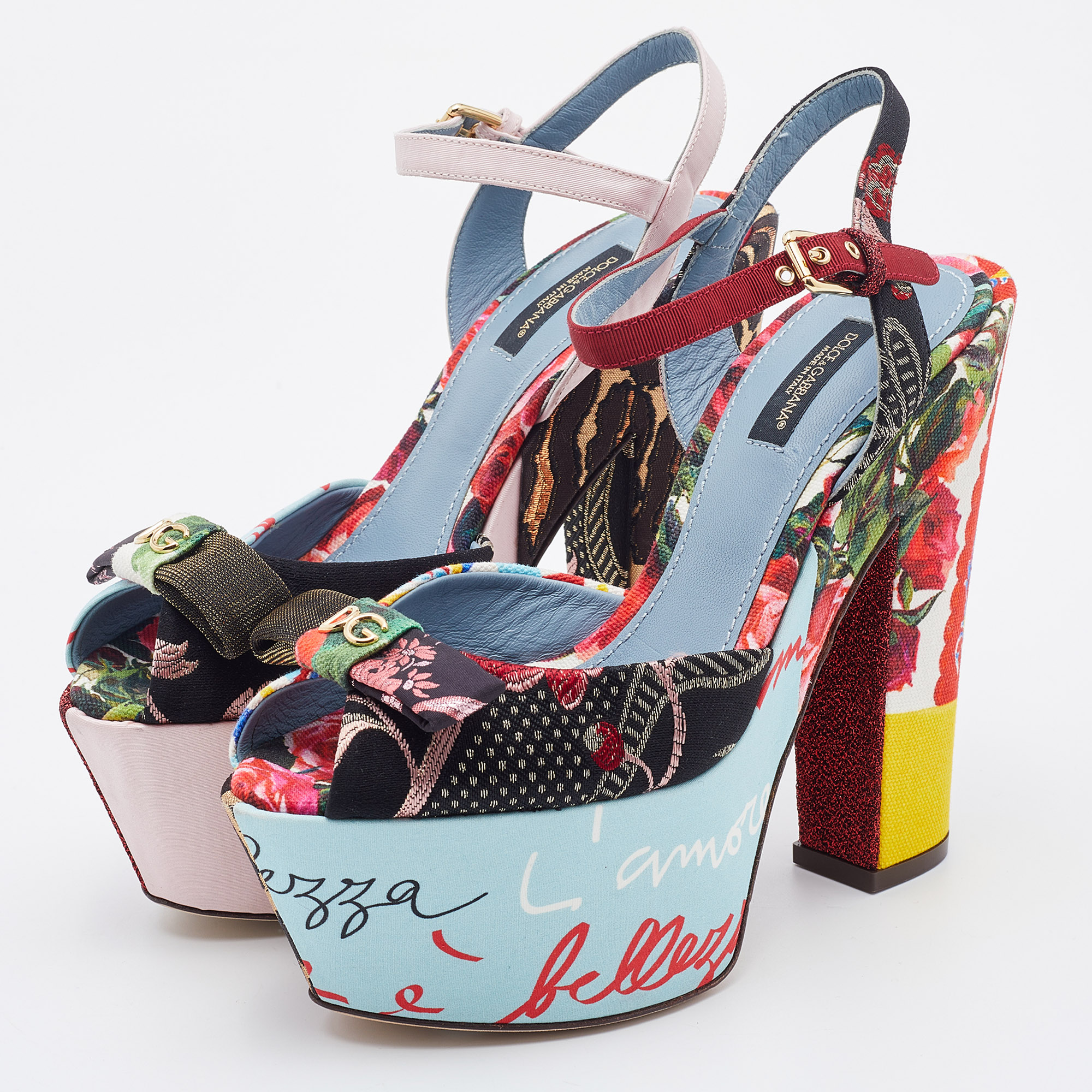 

Dolce & Gabbana Multicolor Patchwork Fabric Platform Ankle Strap Block Heel Sandals Size