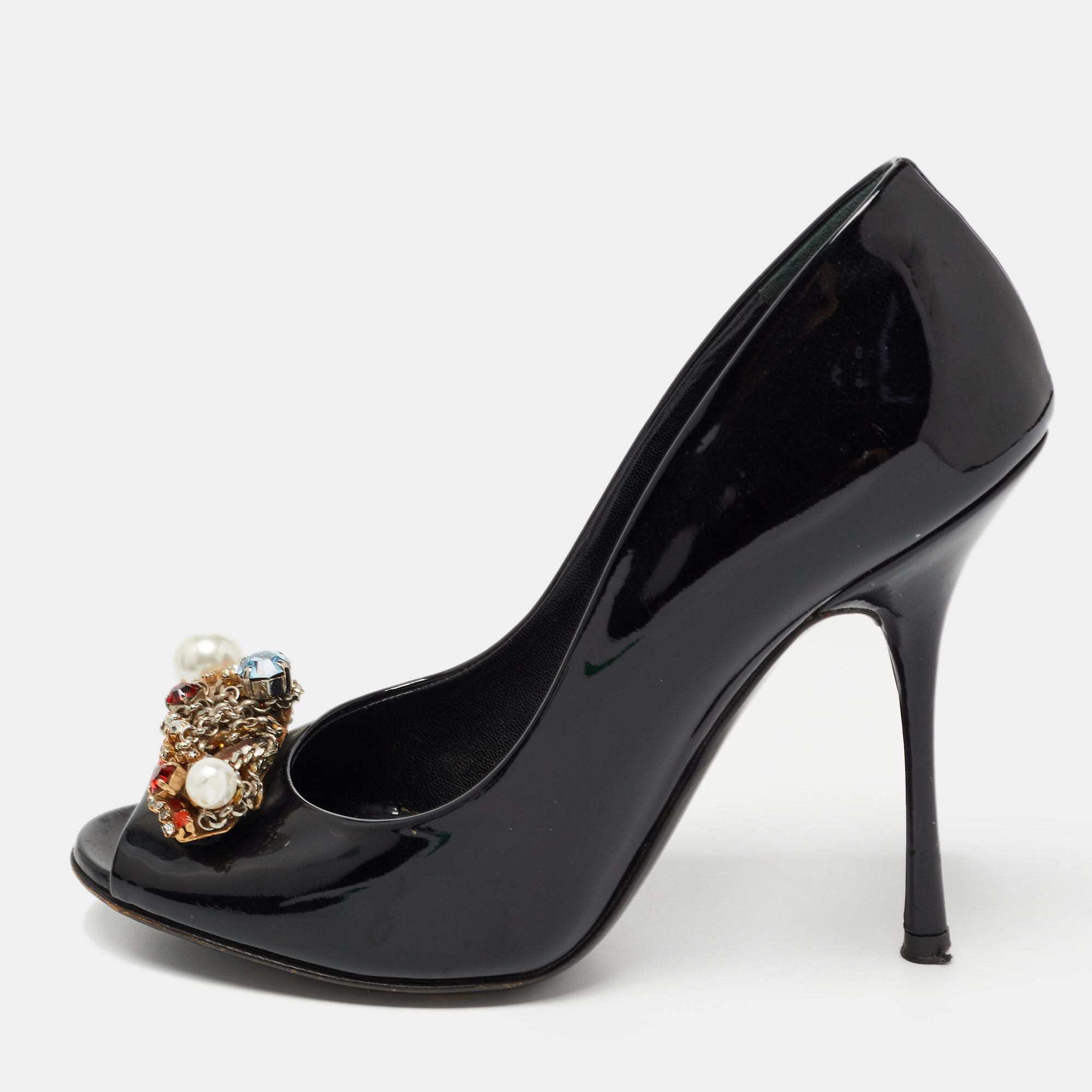 Pre-owned Dolce & Gabbana Black Patent Leather Crystal Embellished Peep Toe Pumps Size 37