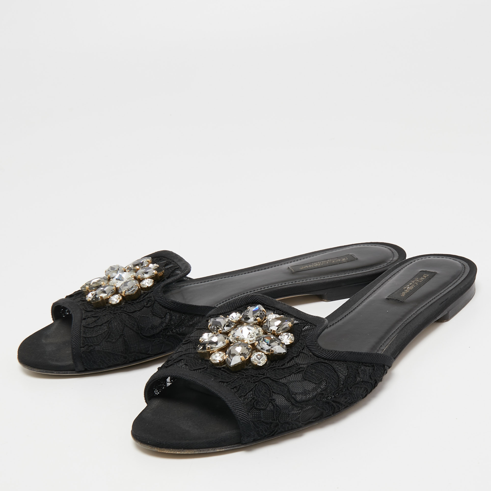

Dolce & Gabbana Black Lace Crystal Embellished Flat Slides Size
