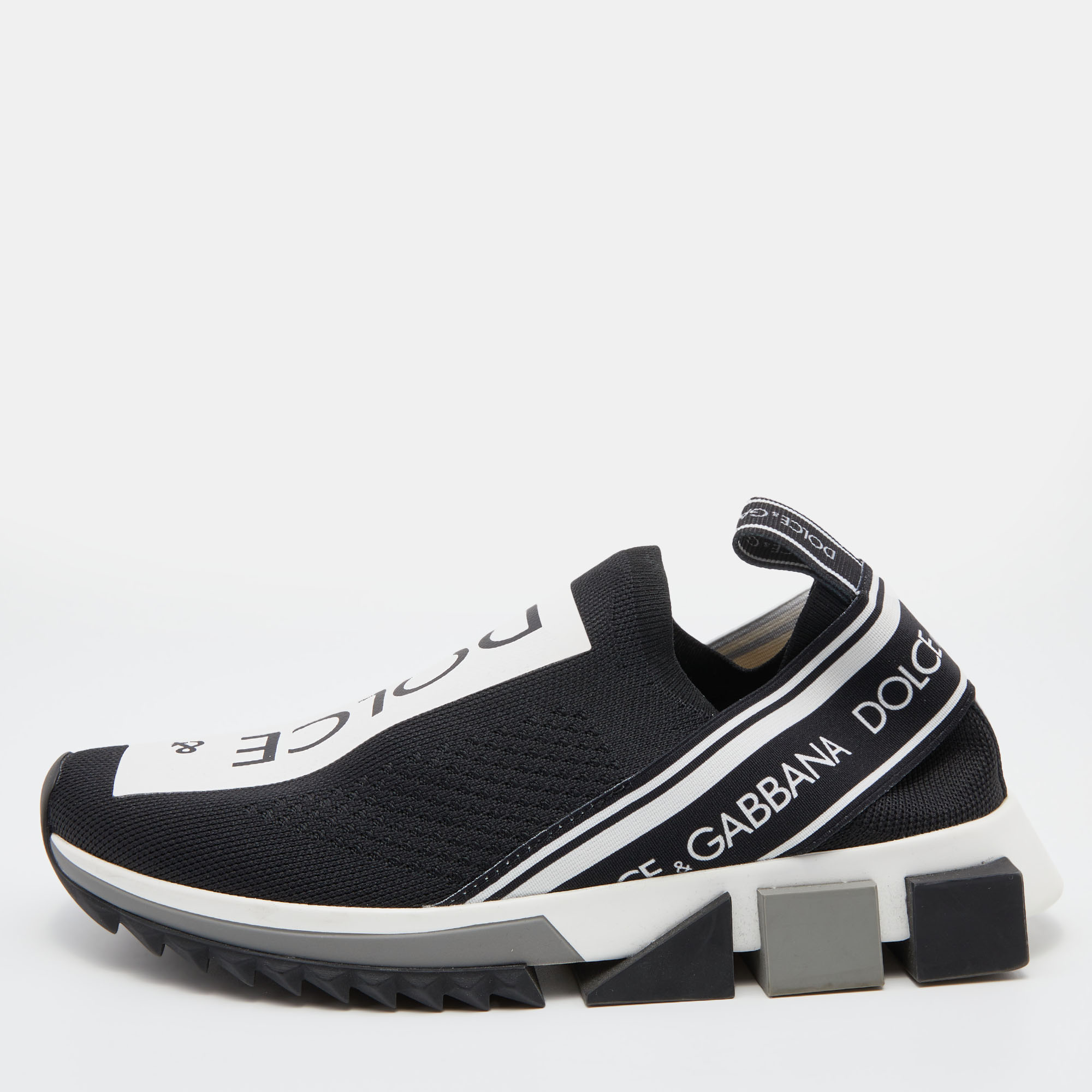 Pre Owned Dolce & Gabbana Black/White Knit Fabric Sorrento Slip On Sneakers Size 38