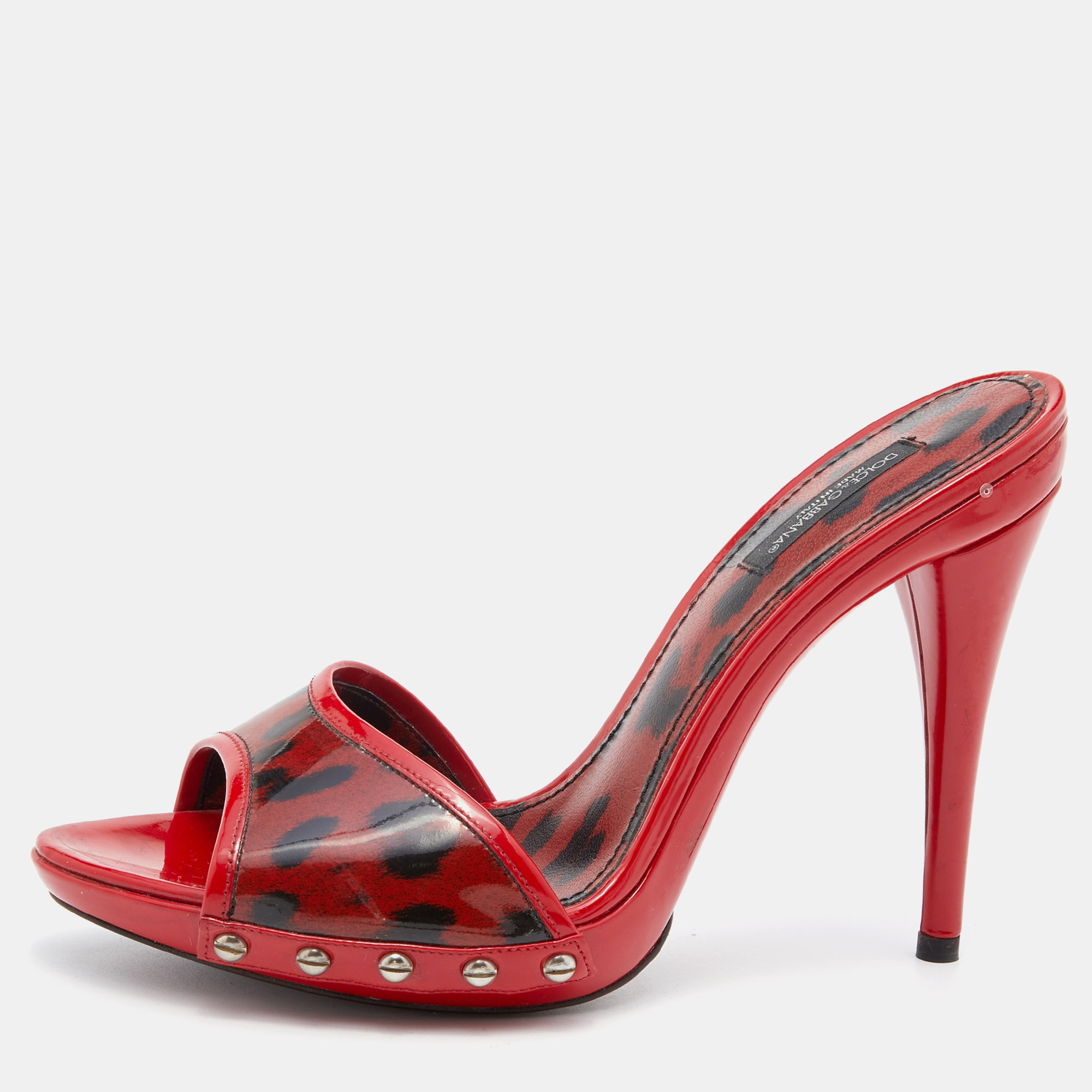 DOLCE & GABBANA Pre-owned Red Leopard Print Patent Leather Platform Slide Sandals Size 39