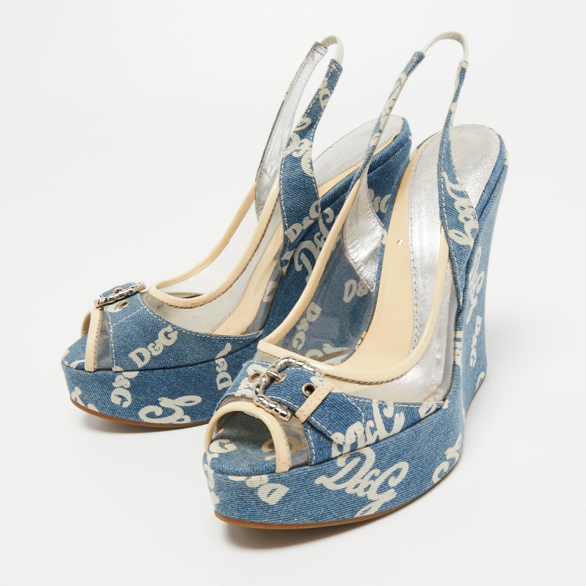 

Dolce & Gabbana Blue Logo Print Denim and PVC Wedge Slingback Sandals Size