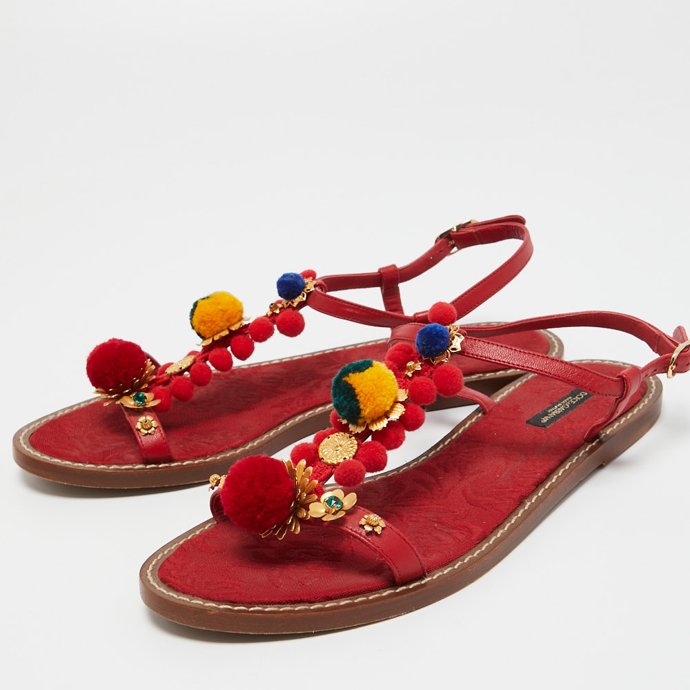 

Dolce & Gabbana Red Leather Pom Pom and Crystal Embellished Ankle Strap Flat Sandals Size