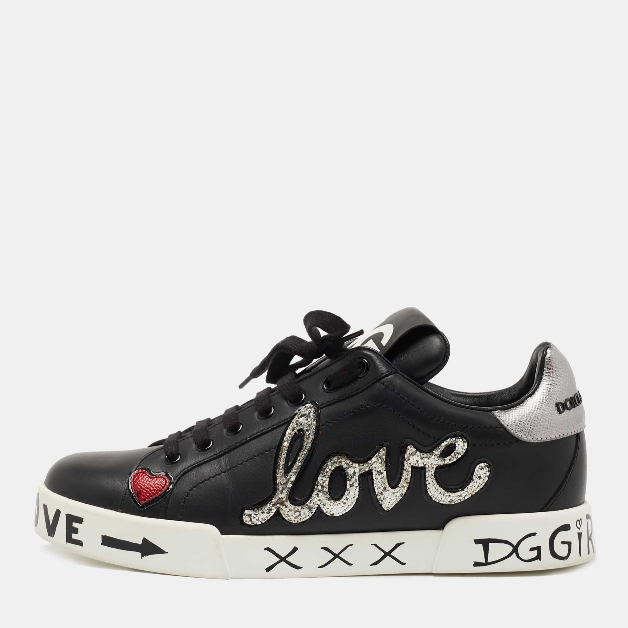 Pre Owned Dolce & Gabbana Black Leather Portofino Love Patch Low Top Sneakers Size 40