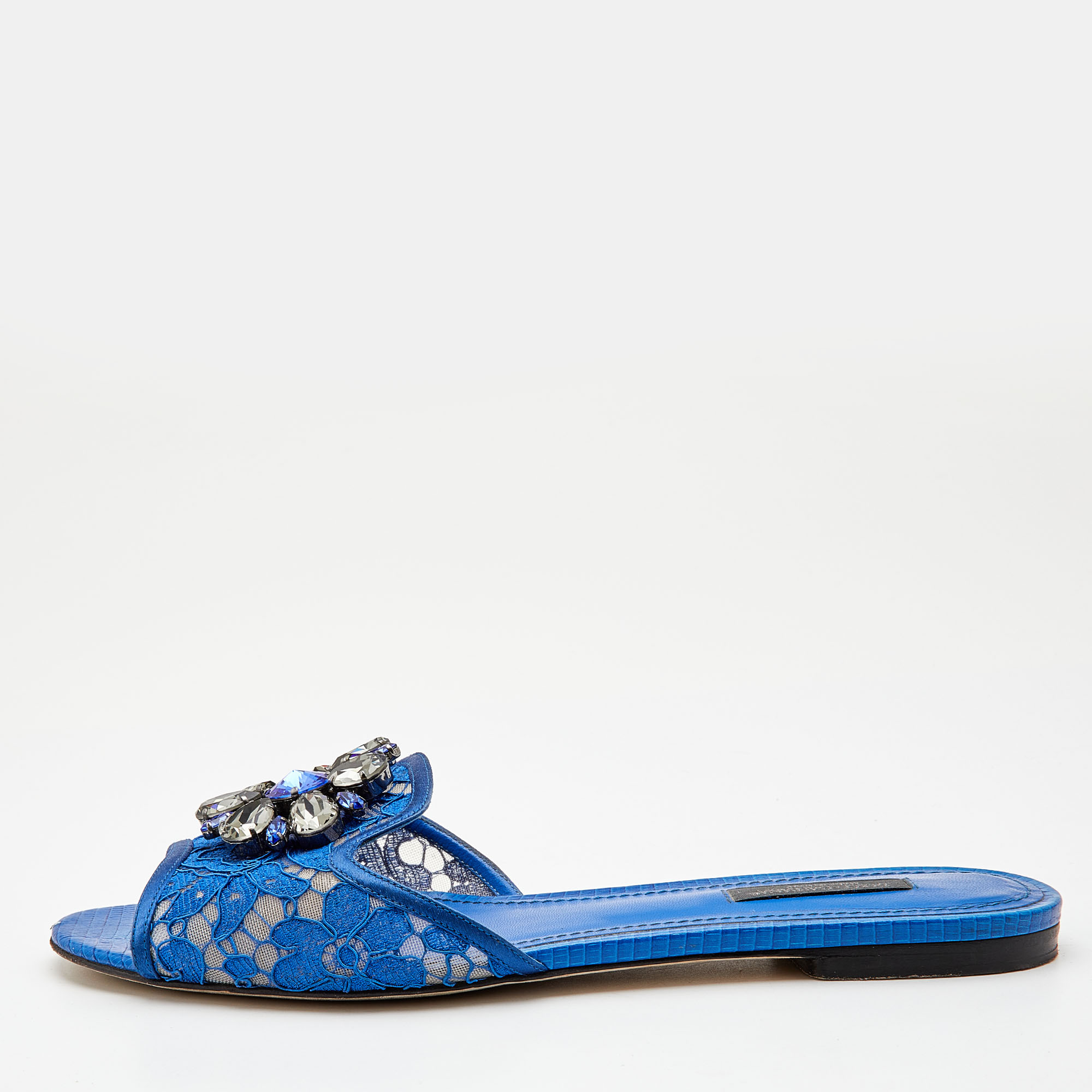 Pre Owned Dolce & Gabbana Blue Lace Jeweled Embellishment Flat Slides Size 38.5