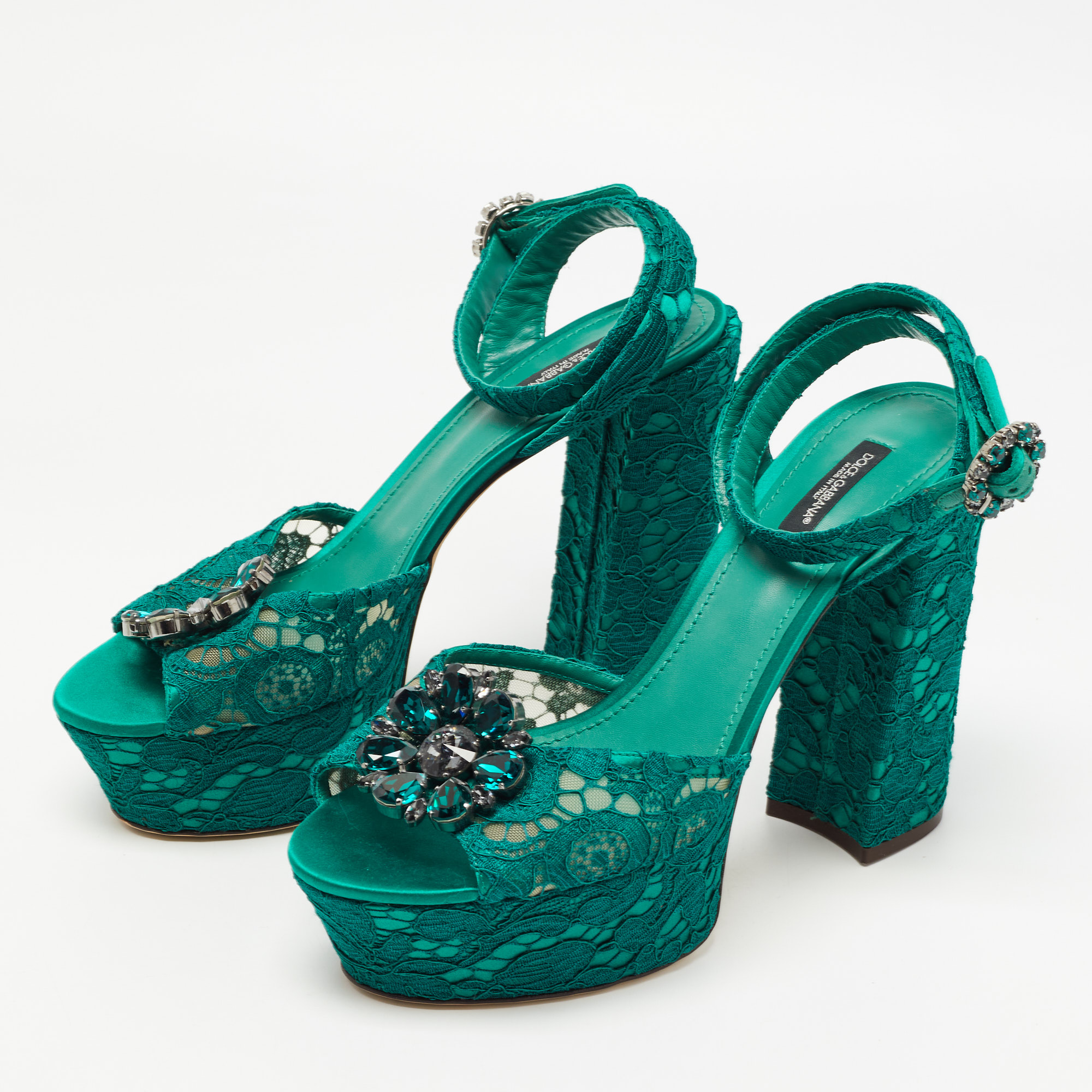 

Dolce & Gabbana Green Lace and Satin Keira Embellished Platform Sandals Size