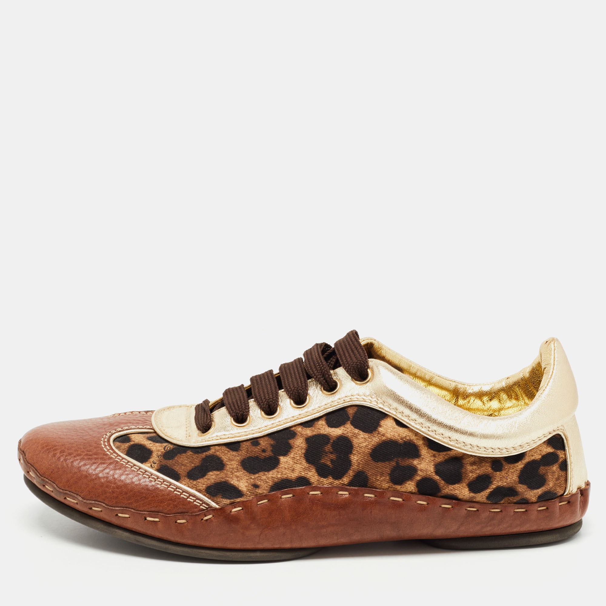 Pre-owned Dolce & Gabbana Brown Leather And Canvas Leopard Print Low Top Trainers Size 40.5