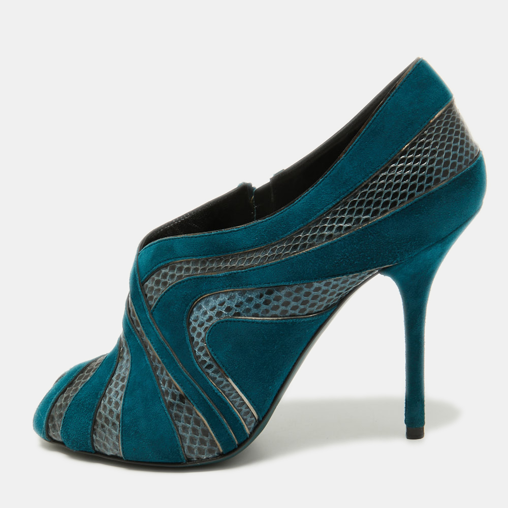 

Dolce & Gabbana Teal Suede and Snakeskin Peep Toe Ankle Booties Size, Green