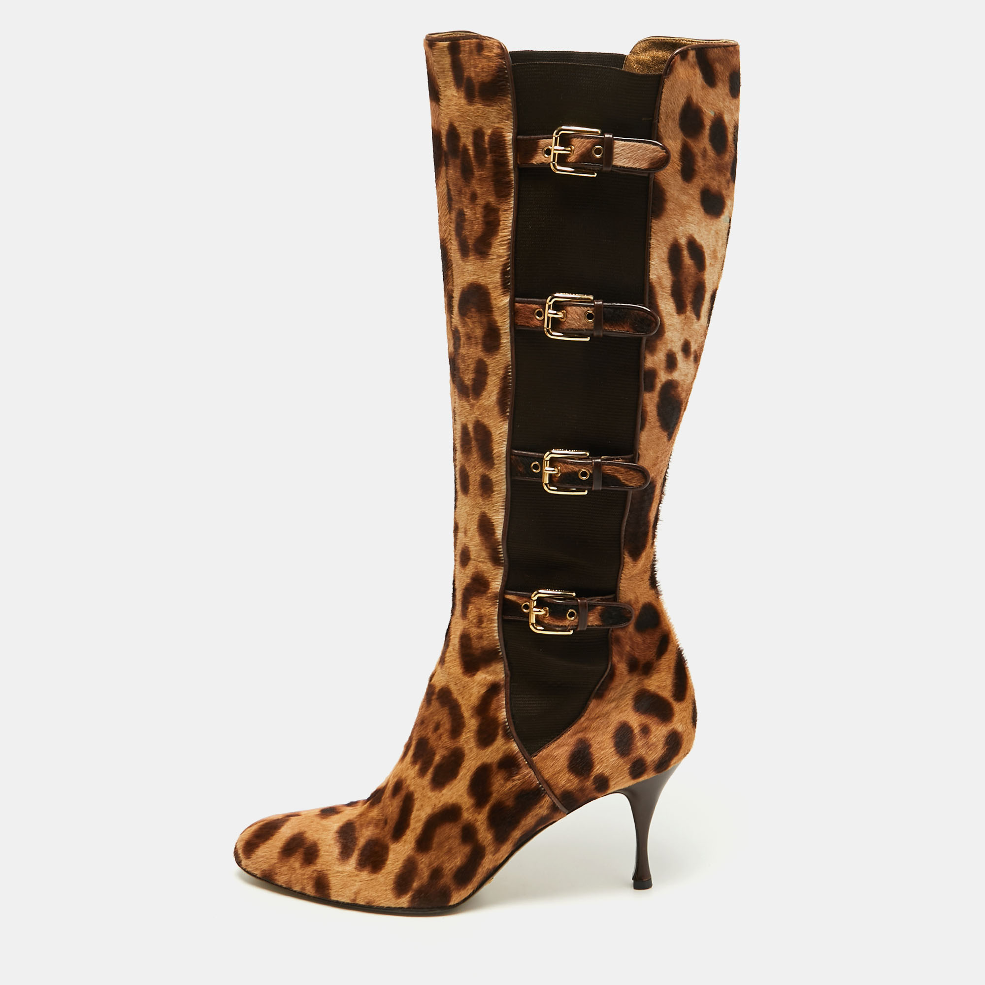 Pre-owned Dolce & Gabbana Brown/brown Leopard Print Calf Hair Knee Length Boots Size 41