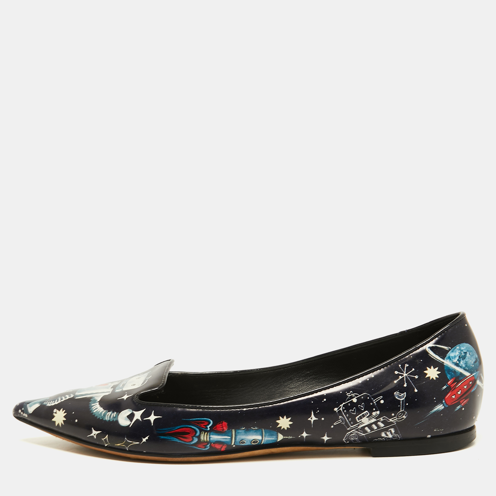 Pre-owned Dolce & Gabbana Navy Blue Patent Leather Galaxy Print Ballet Flats Size 35.5