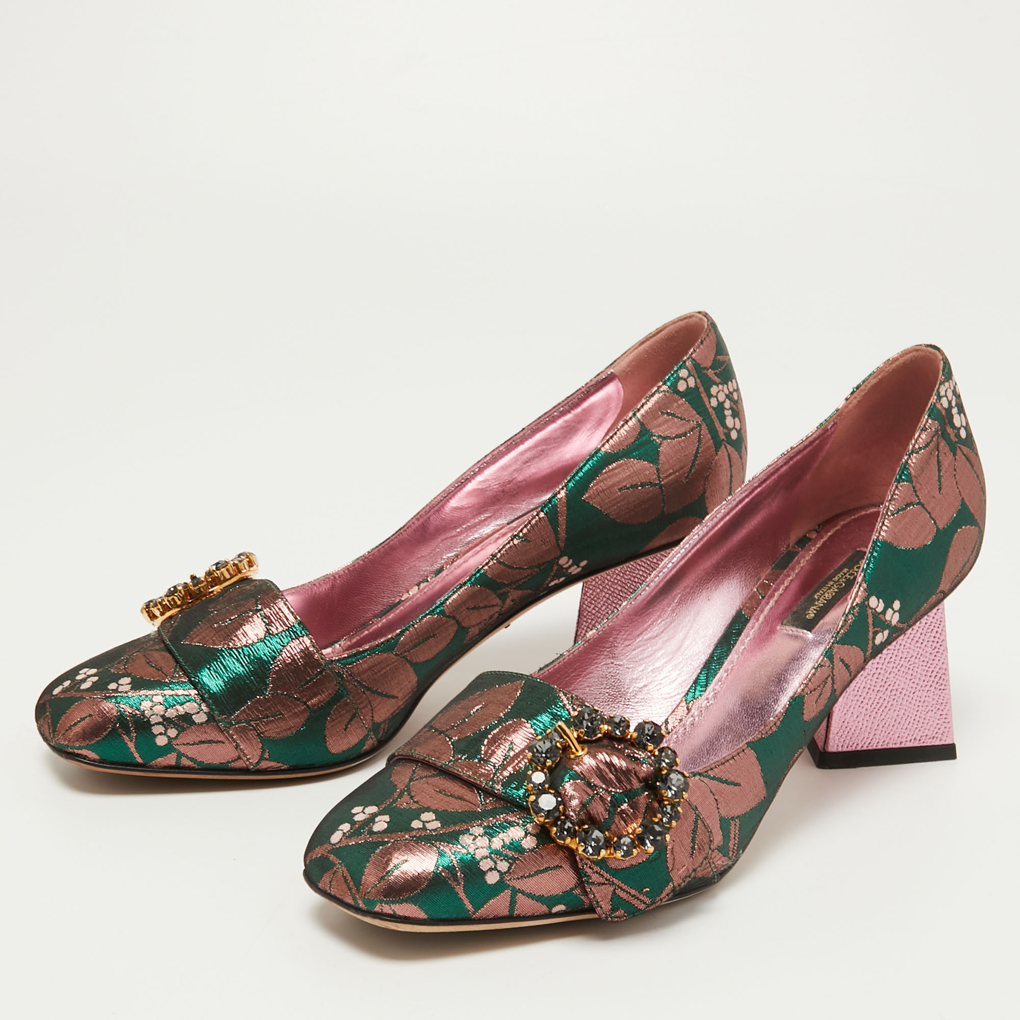 

Dolce & Gabbana Green/Pink Floral Brocade Fabric Embellished Block Heel Pumps Size