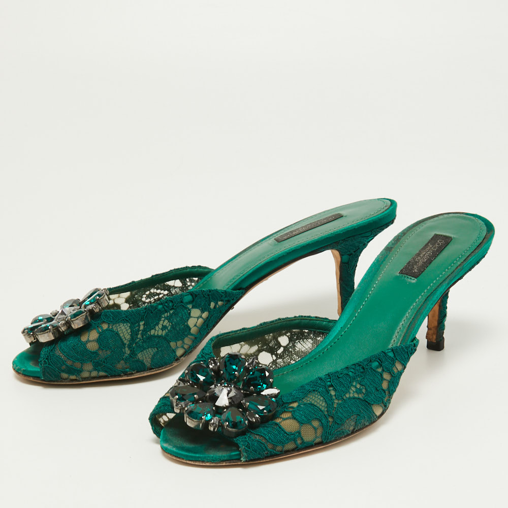 

Dolce & Gabbana Green Lace and Mesh Keria Crystal Embellished Slide Sandals Size