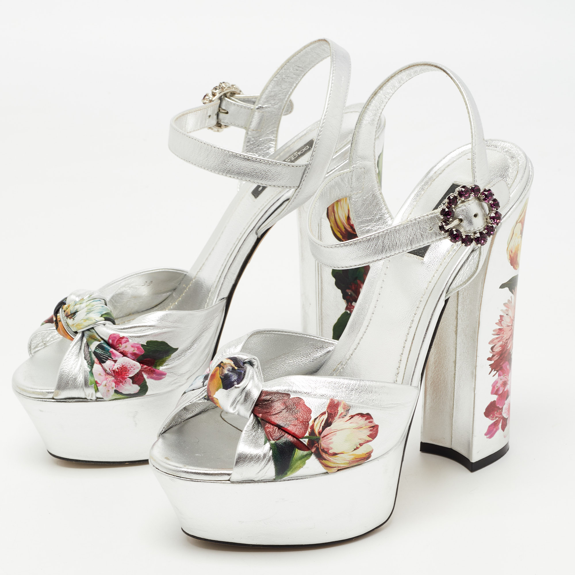 

Dolce & Gabbana Silver Knotted Leather Floral Print Platform Ankle Strap Sandals Size