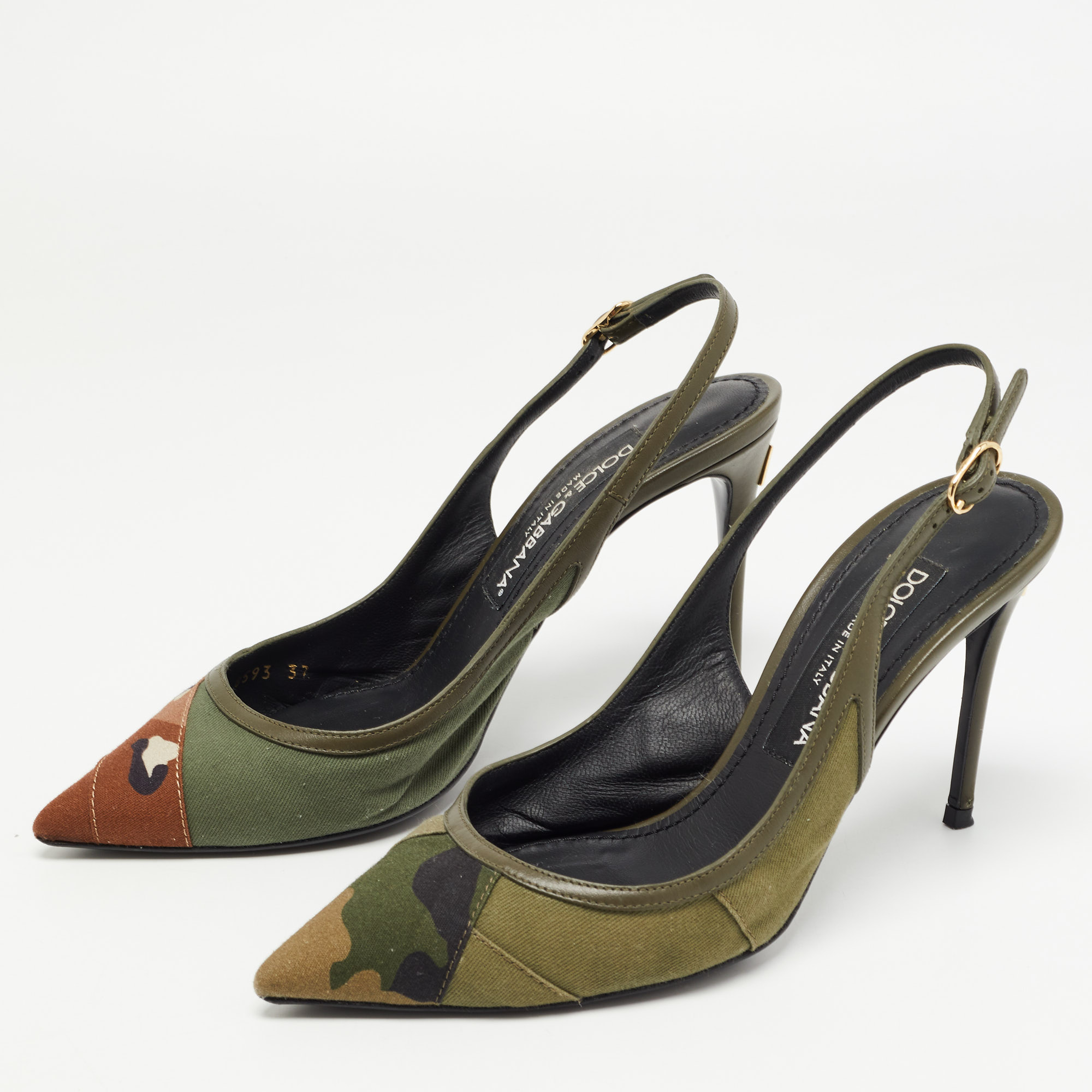 

Dolce & Gabbana Army Green Canvas Camouflage Patchwork Slingback Pumps Size