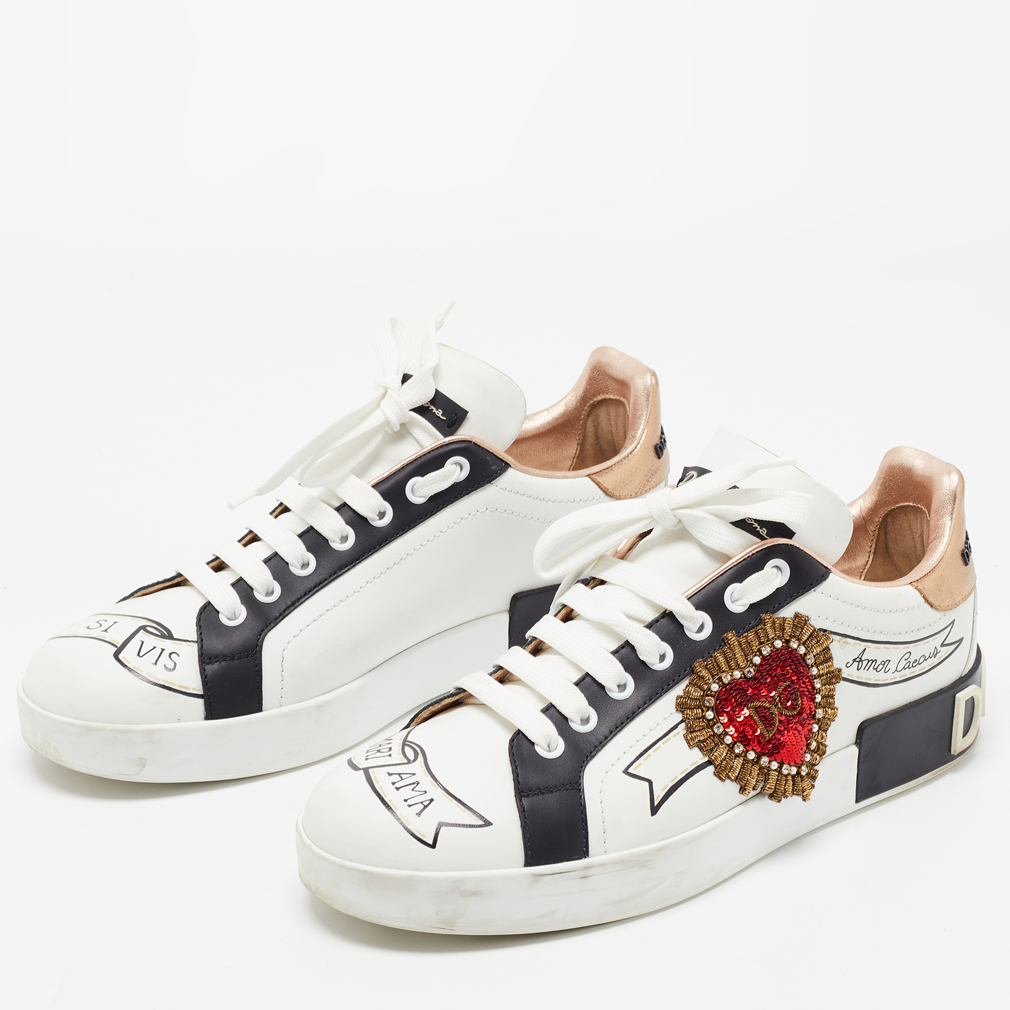 

Dolce & Gabbana White Printed Leather Heart Embroidered Portofino Sneakers Size