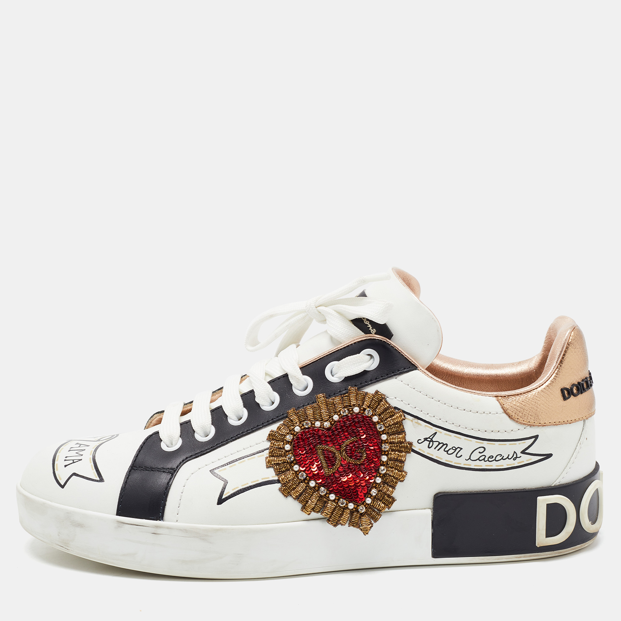 Pre Owned Dolce & Gabbana White Printed Leather Heart Embroidered Portofino Sneakers Size 40.5