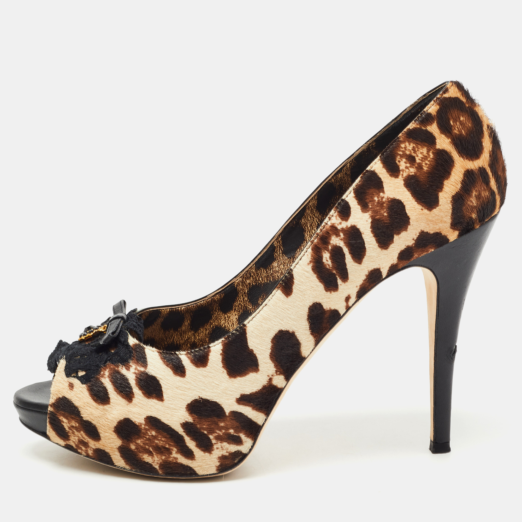 Pre-owned Dolce & Gabbana Beige/brown Leopard Print Pony Hair Bow Peep Toe Pumps Size 40