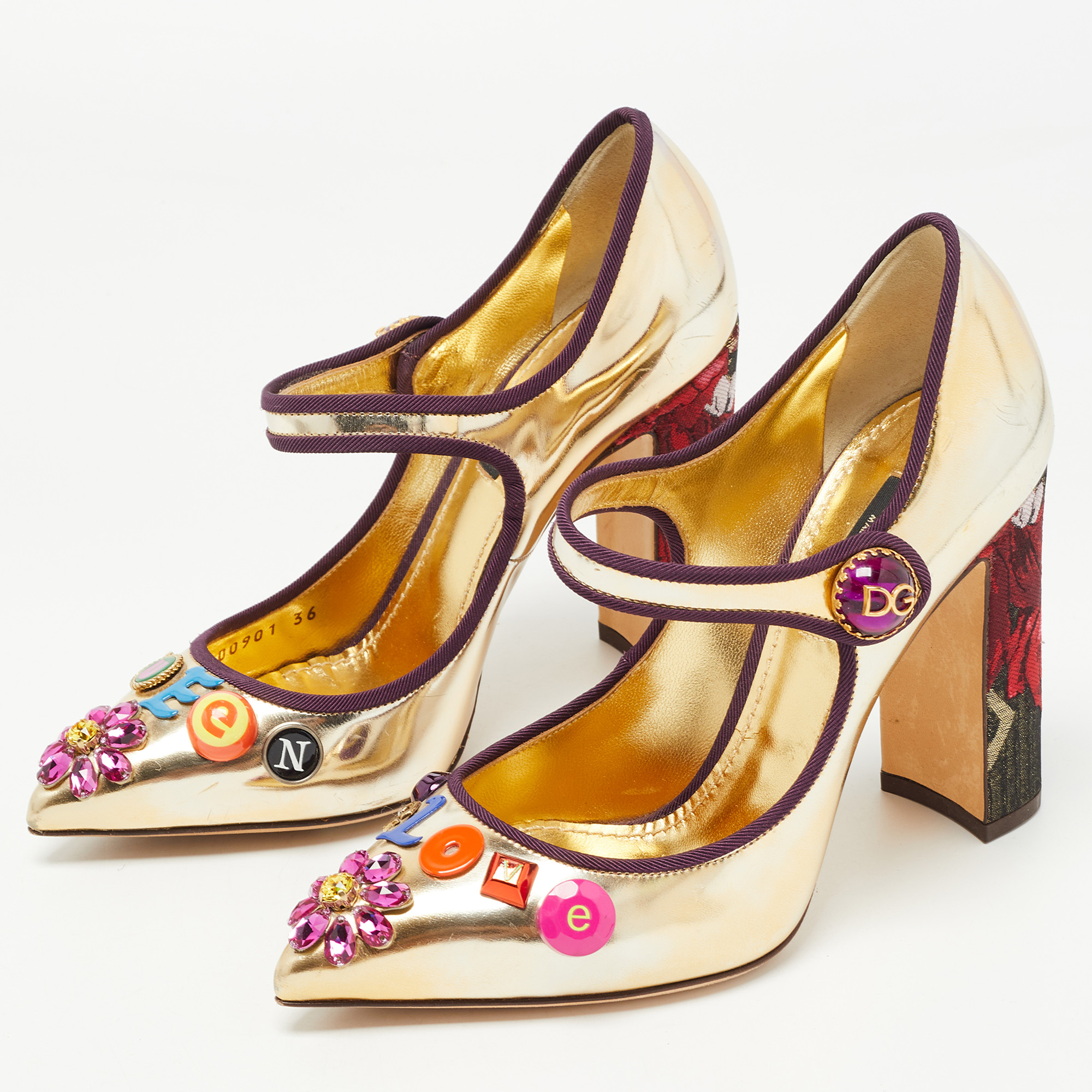 

Dolce & Gabbana Gold Leather Embellished Mary Jane Pumps Size