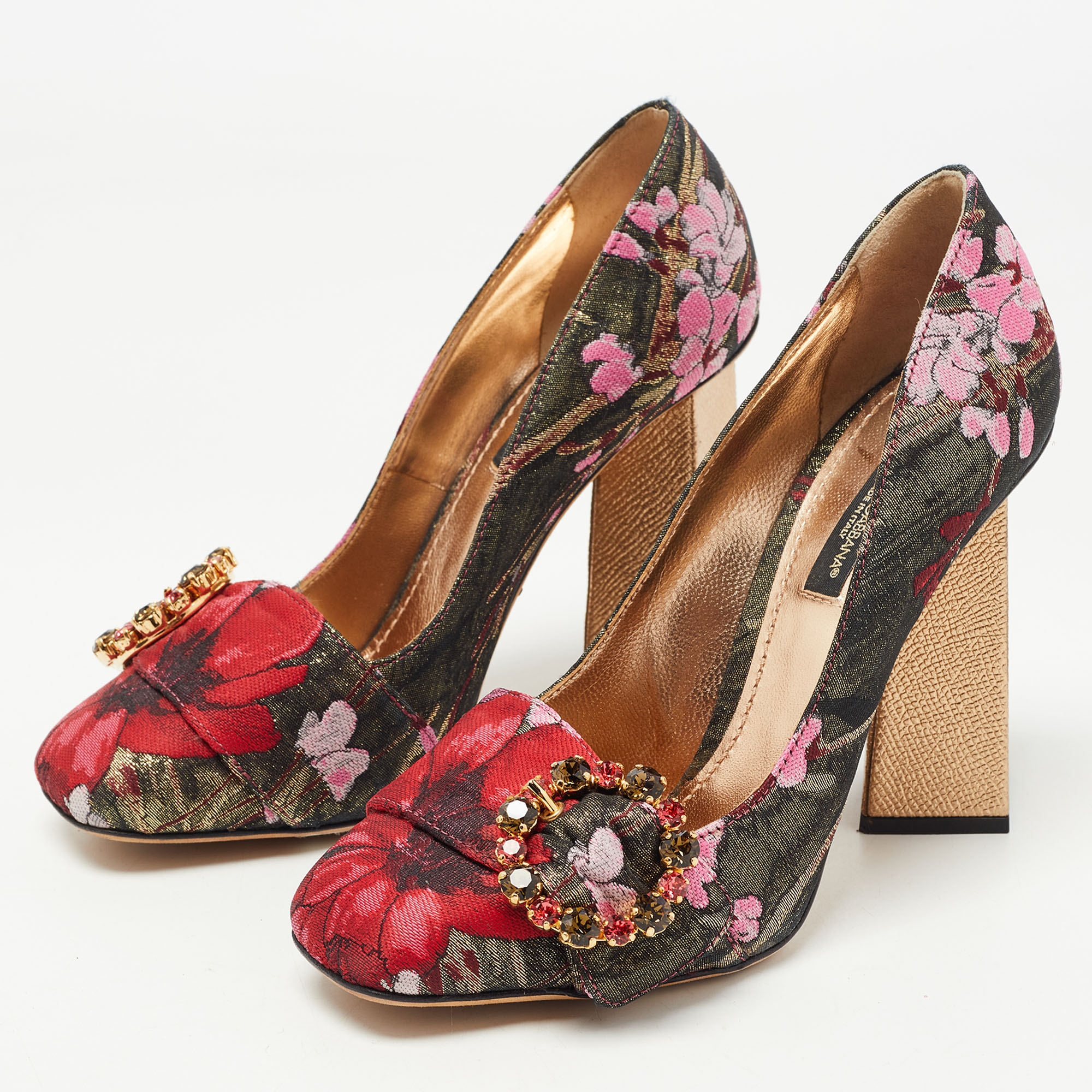 

Dolce & Gabbana Multicolor Floral Brocade Fabric Crystal Embellished Block Heel Pumps Size